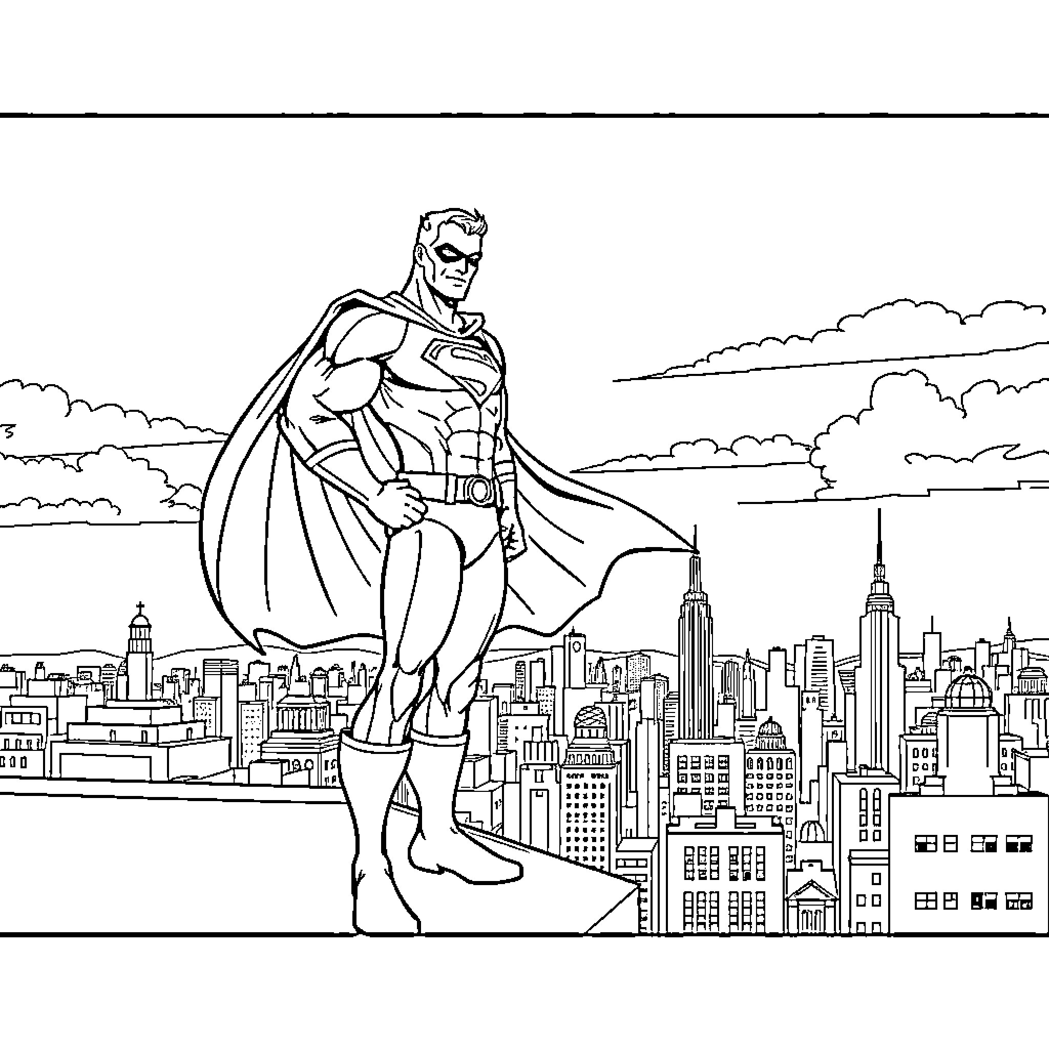 Superman overlooking the city skyline Coloring Page (free black-and-white line drawing printable PDF for all, from beginners to advanced learners, including children, teens, adults, and seniors)