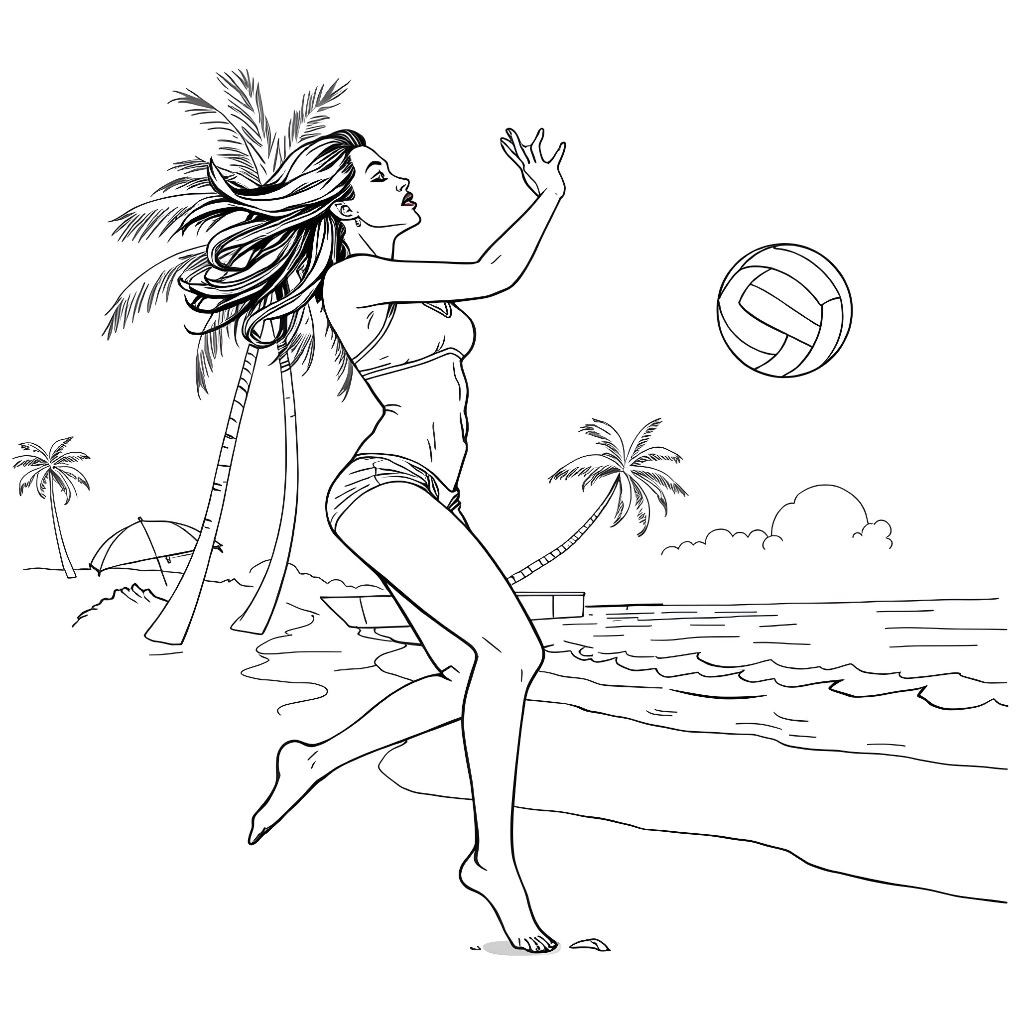 Angelina Jolie playing beach volleyball in a tropical paradise Coloring Page (free black-and-white line drawing printable PDF for all, from beginners to advanced learners, including children, teens, adults, and seniors)