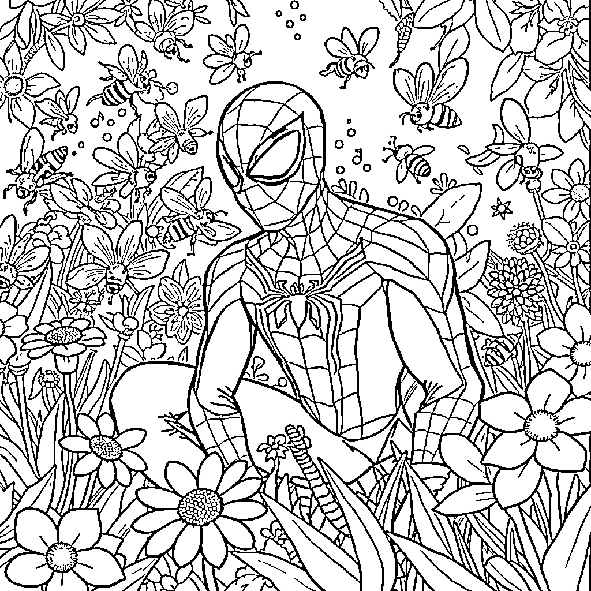 Spidey amidst a floral wonderland Coloring Page (free black-and-white line drawing printable PDF for all, from beginners to advanced learners, including children, teens, adults, and seniors)