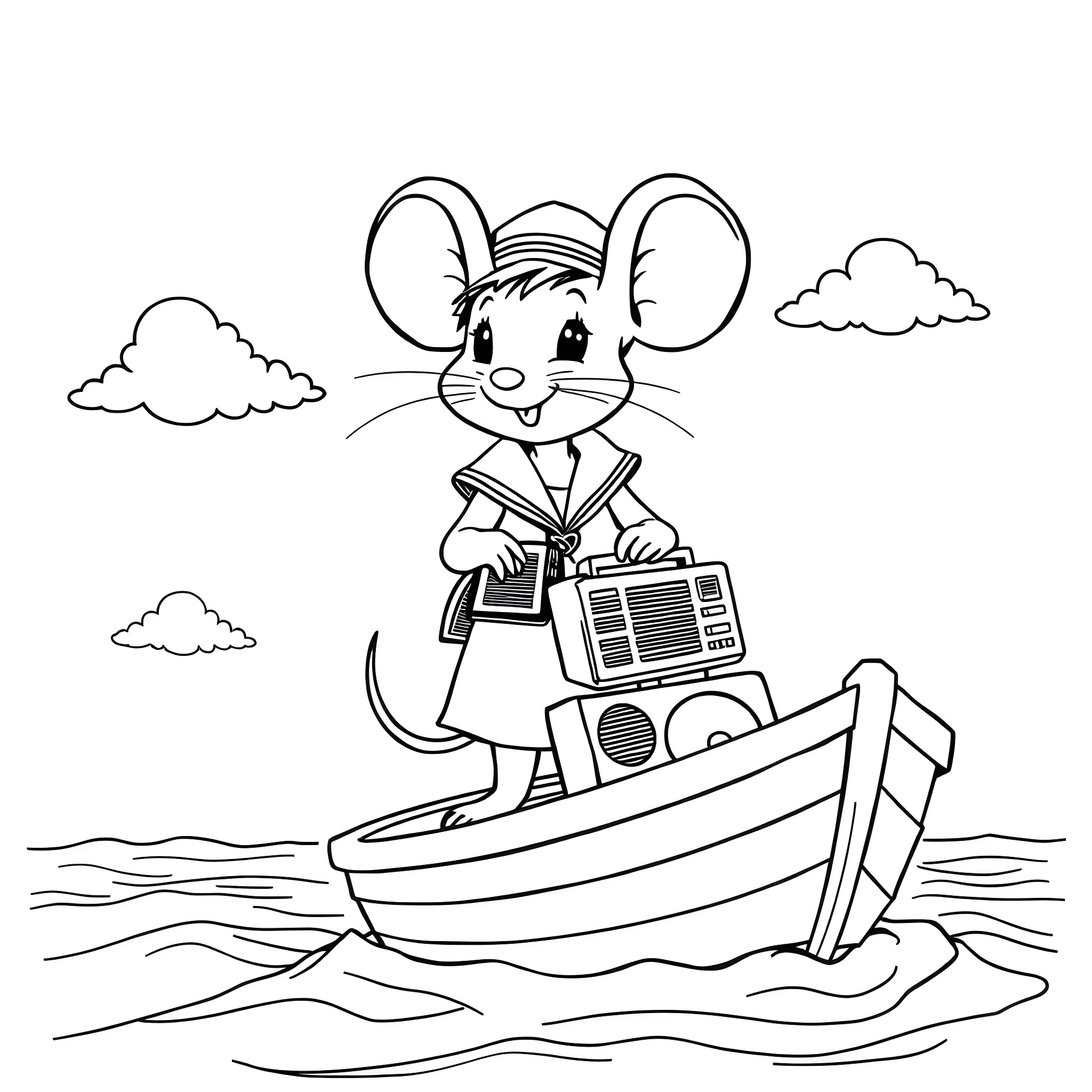 Mouse sailing on a boat with radio Coloring Page (free black-and-white line drawing printable PDF for all, from beginners to advanced learners, including children, teens, adults, and seniors)