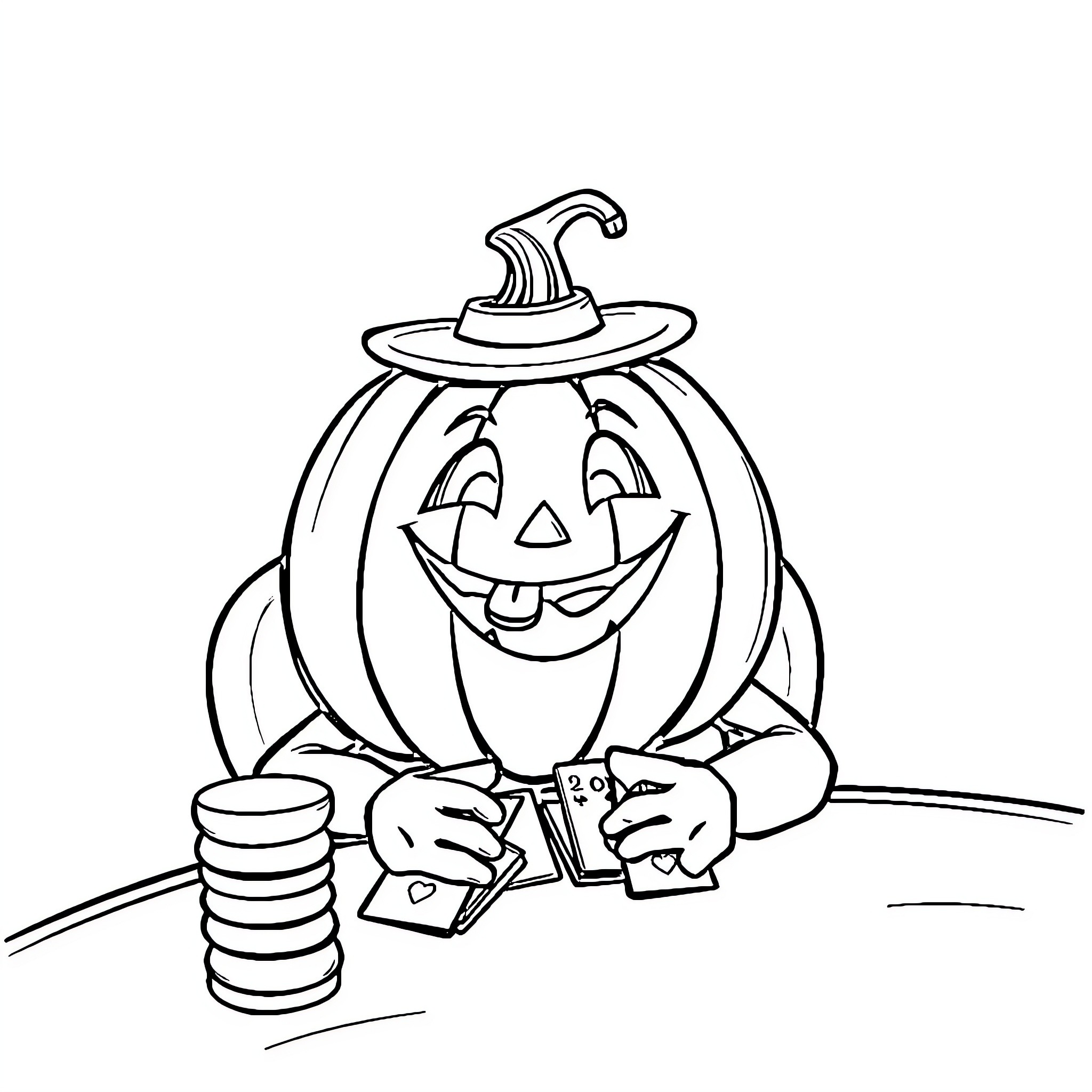 Pumpkin playing video games happily Coloring Page (free black-and-white line drawing printable PDF for all, from beginners to advanced learners, including children, teens, adults, and seniors)