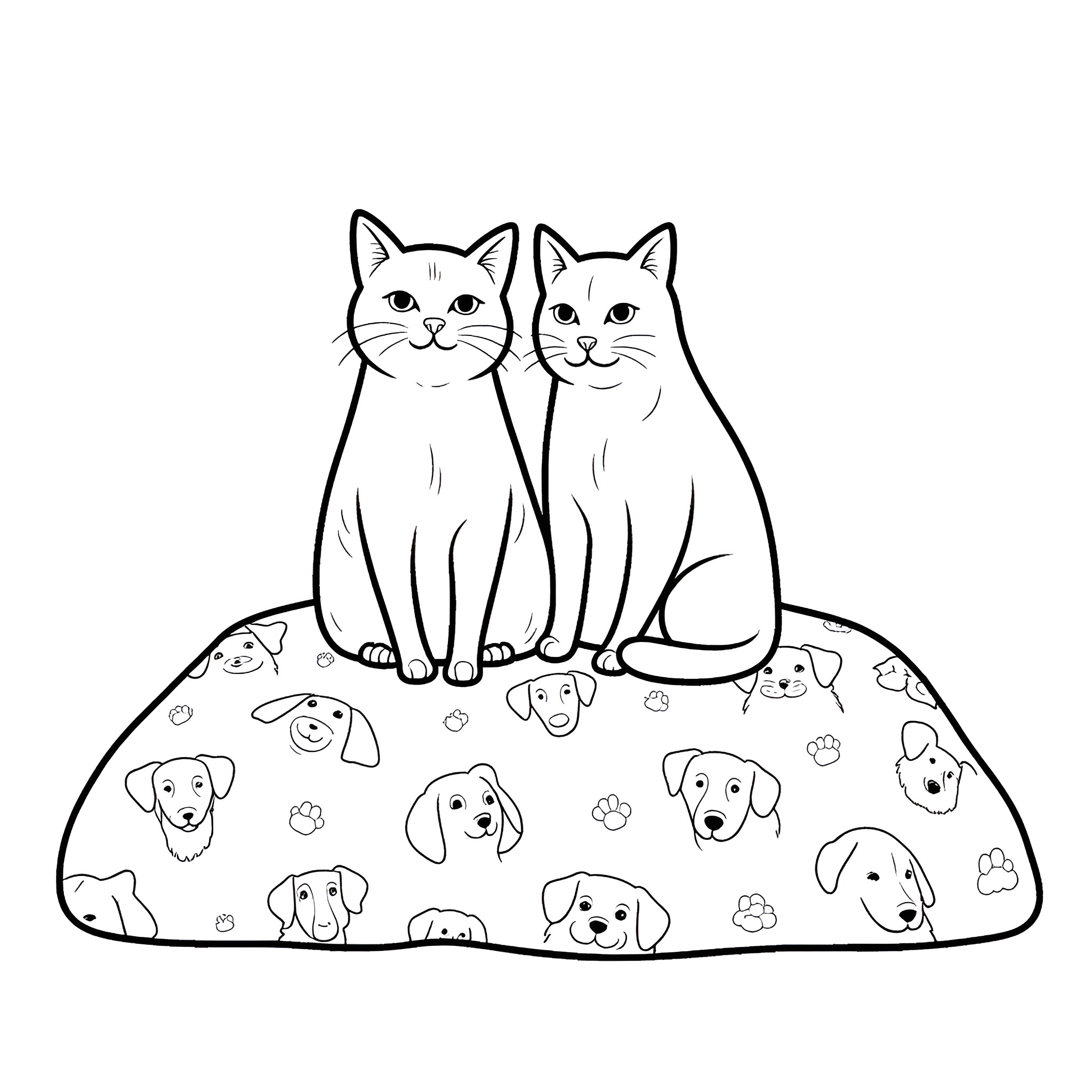 Cat friends on a cozy pet pillow Coloring Page (free black-and-white line drawing printable PDF for all, from beginners to advanced learners, including children, teens, adults, and seniors)