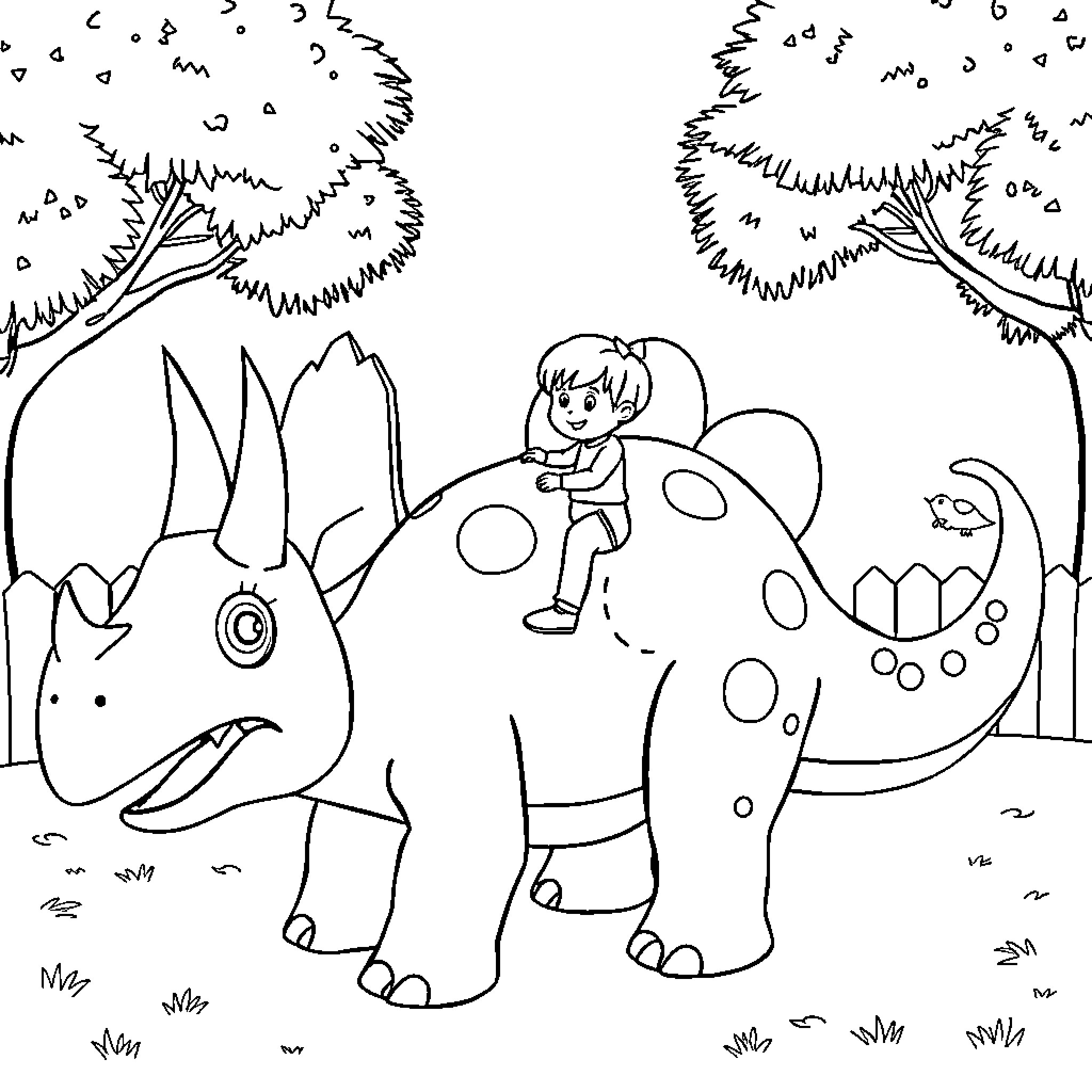 Triceratops and child exploring prehistoric landscape Coloring Page (free black-and-white line drawing printable PDF for all, from beginners to advanced learners, including children, teens, adults, and seniors)