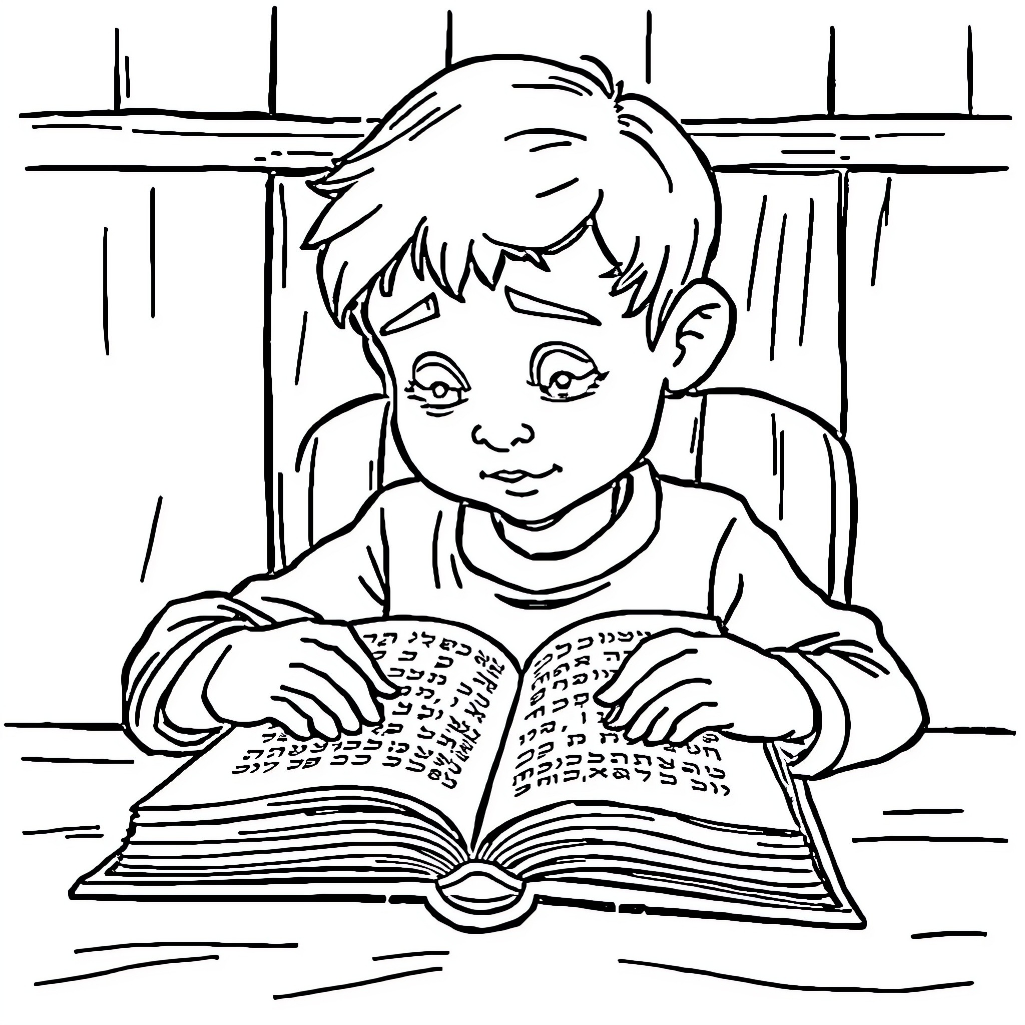 Kid reading a book intently Coloring Page (free black-and-white line drawing printable PDF for all, from beginners to advanced learners, including children, teens, adults, and seniors)