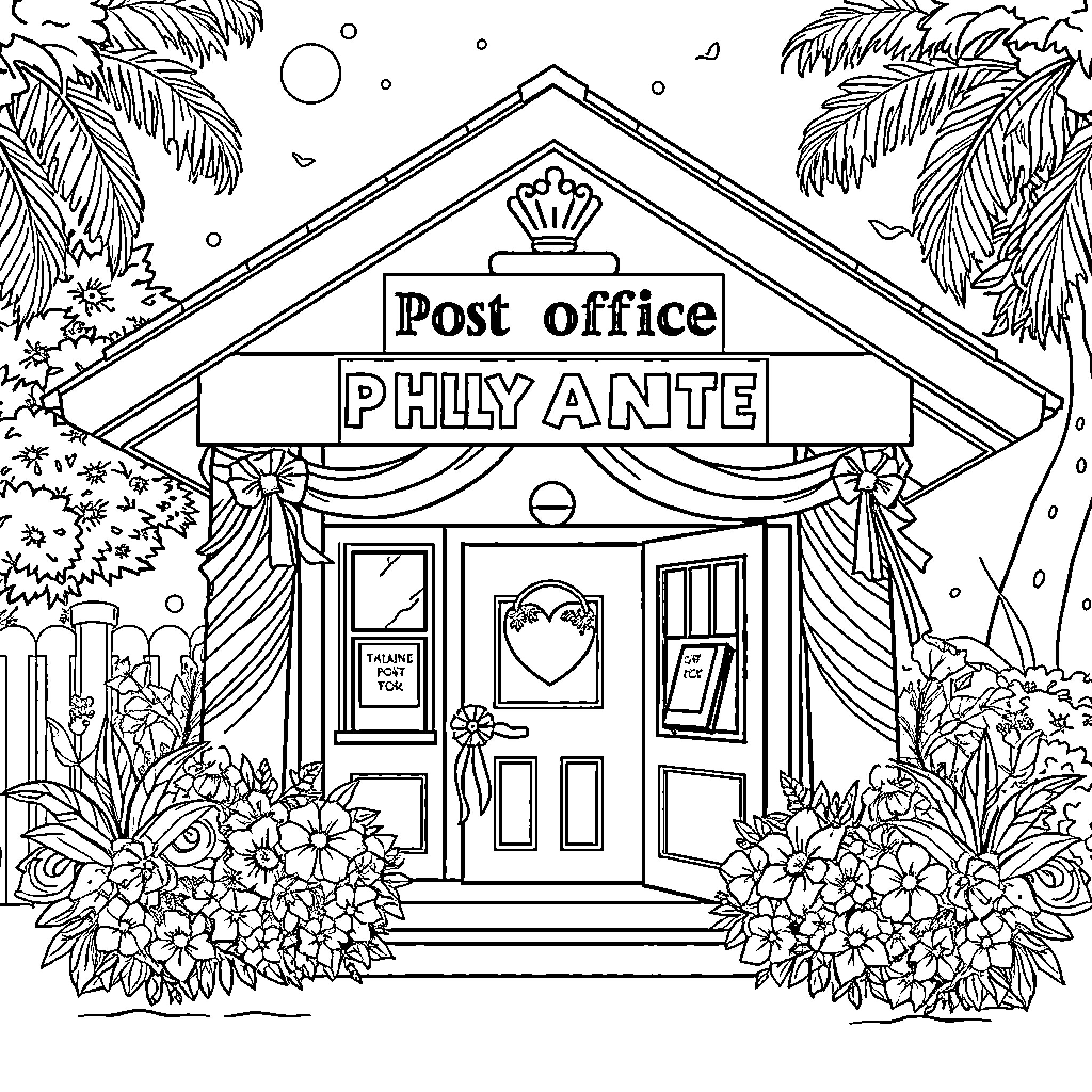 Post Office with Tropical Decor and Flowers Coloring Page (free black-and-white line drawing printable PDF for all, from beginners to advanced learners, including children, teens, adults, and seniors)