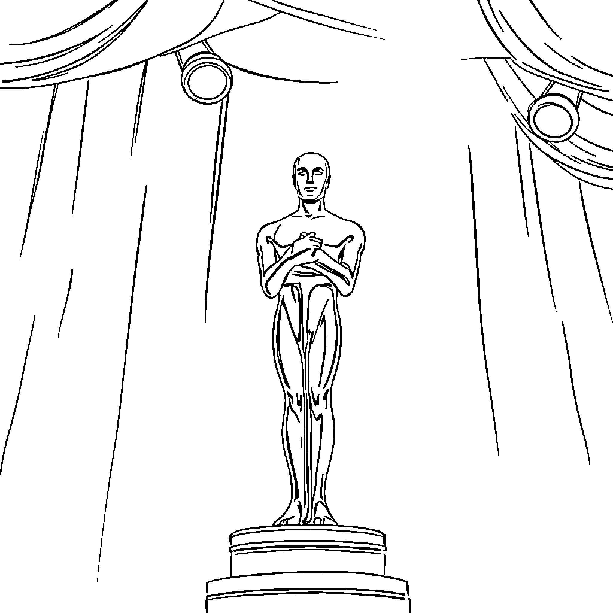 Oscar statue on stage with dramatic lighting Coloring Page (free black-and-white line drawing printable PDF for all, from beginners to advanced learners, including children, teens, adults, and seniors)