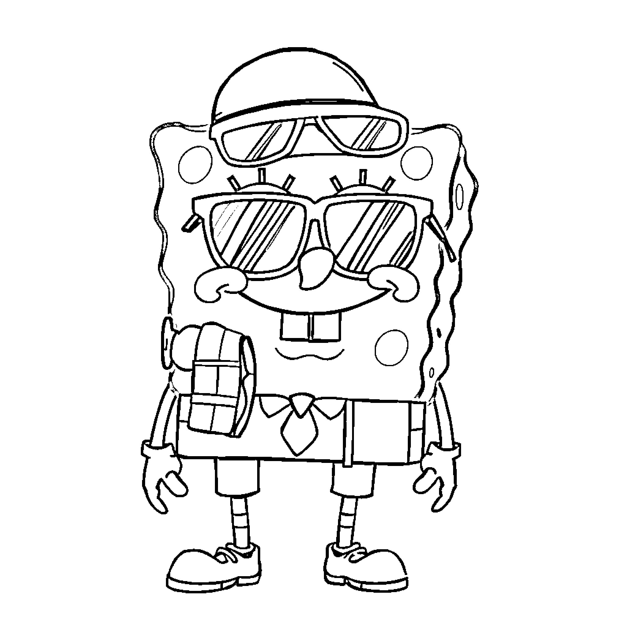Spongebob Wearing Cool Sunglasses and Casual Outfit Coloring Page (free black-and-white line drawing printable PDF for all, from beginners to advanced learners, including children, teens, adults, and seniors)