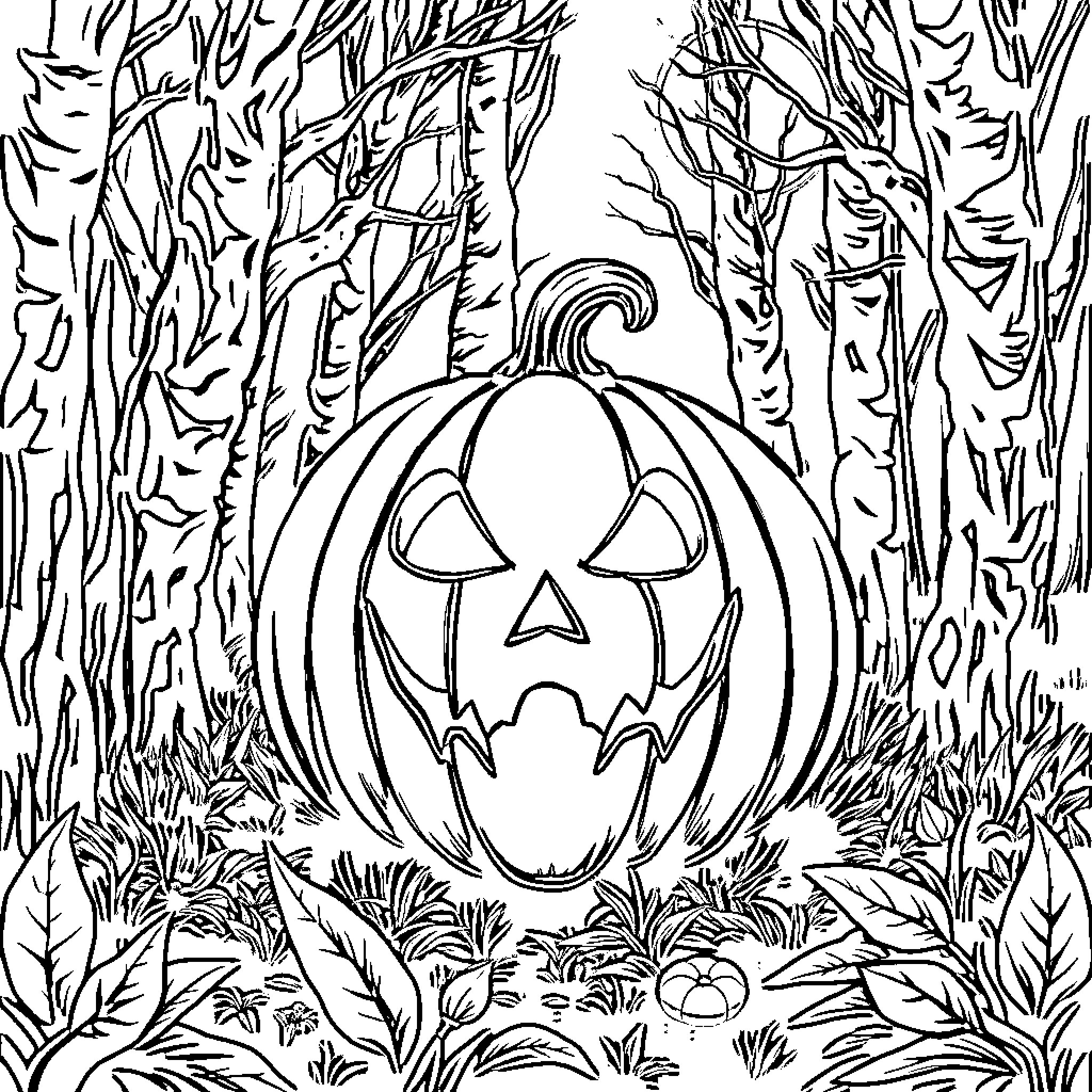 Halloween Pumpkin in the Spooky Forest Coloring Page (free black-and-white line drawing printable PDF for all, from beginners to advanced learners, including children, teens, adults, and seniors)
