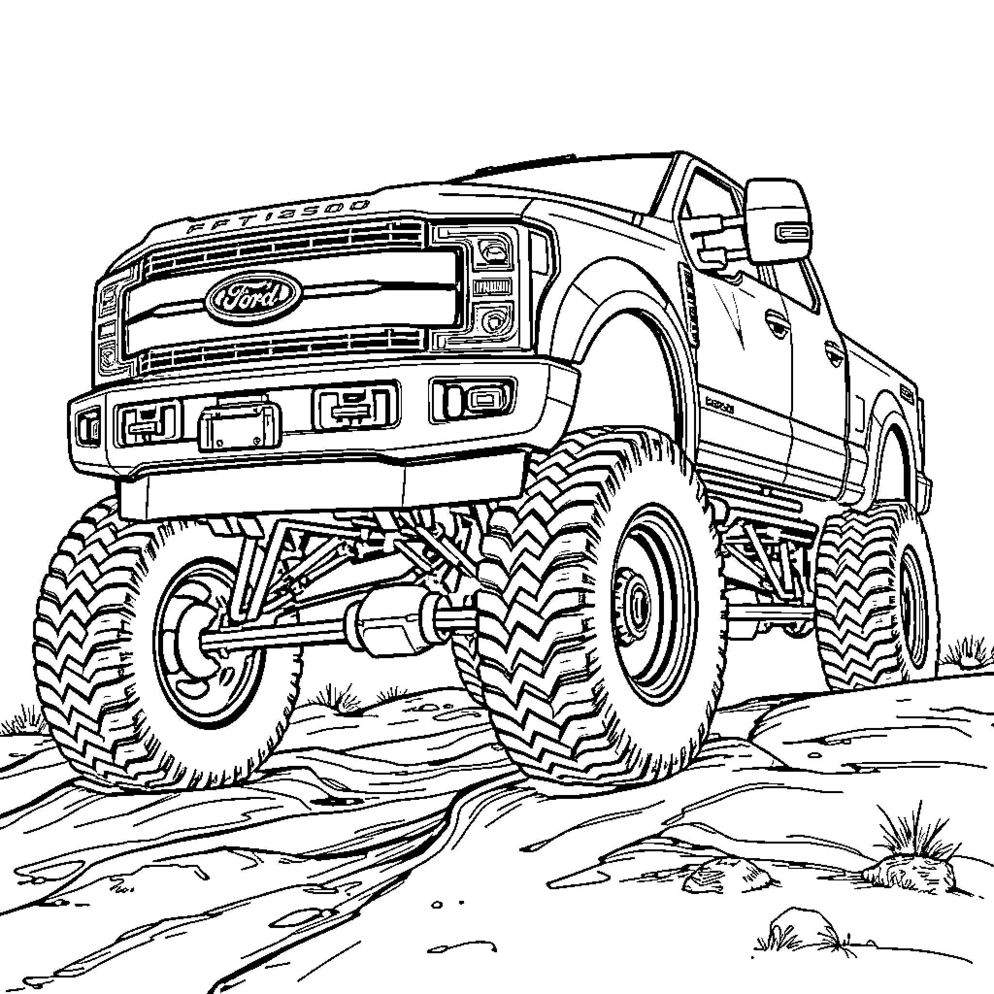 Ford Monster Truck Navigating Rugged Terrain Coloring Page (free black-and-white line drawing printable PDF for all, from beginners to advanced learners, including children, teens, adults, and seniors)