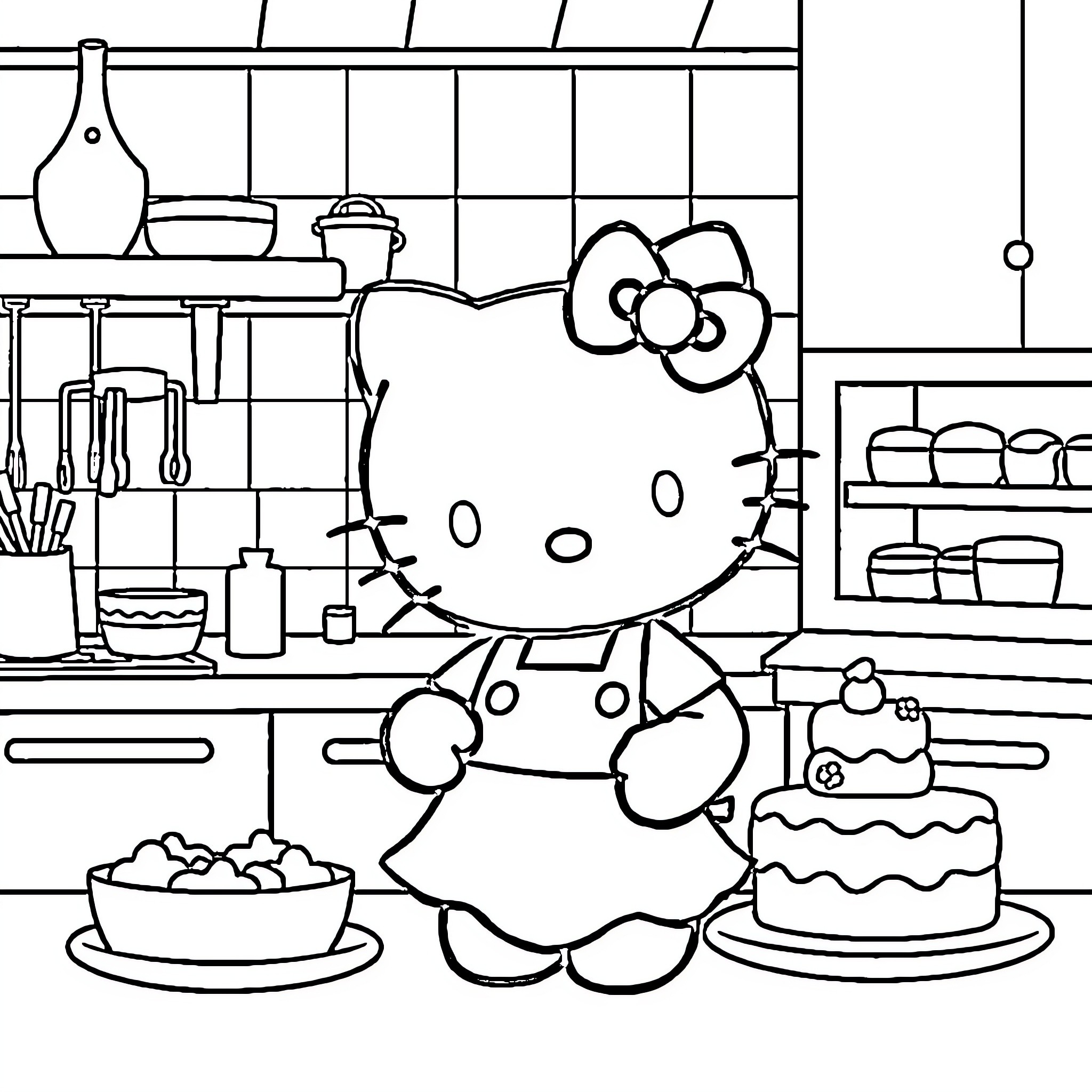 Hello Kitty baking in the kitchen Coloring Page (free black-and-white line drawing printable PDF for all, from beginners to advanced learners, including children, teens, adults, and seniors)