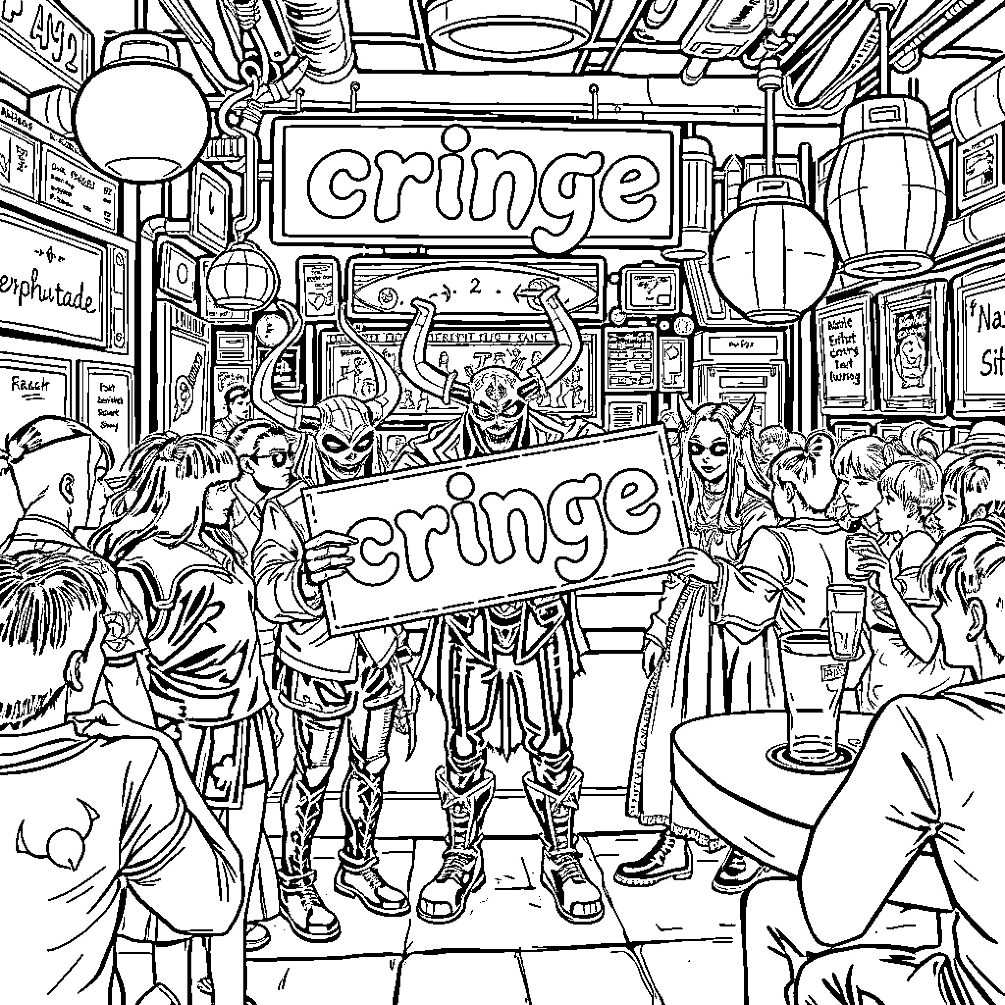 Demon-themed characters in a crowded and chaotic scene Coloring Page (free black-and-white line drawing printable PDF for all, from beginners to advanced learners, including children, teens, adults, and seniors)