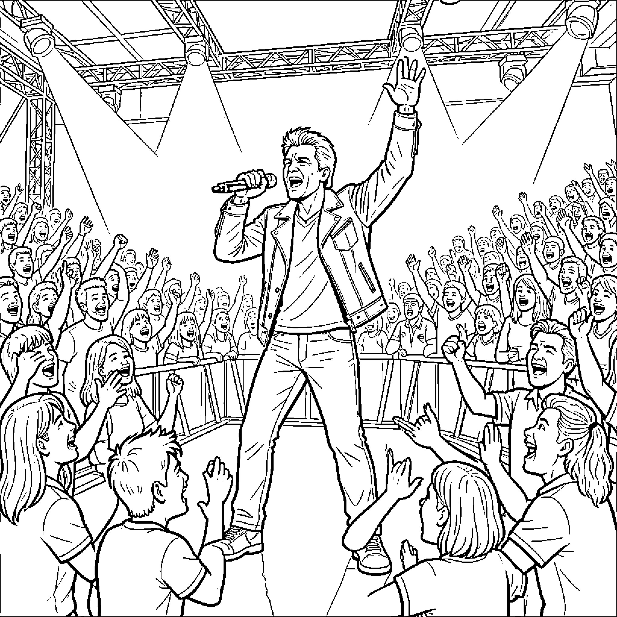 Bon Jovi singing passionately for a cheering crowd Coloring Page (free black-and-white line drawing printable PDF for all, from beginners to advanced learners, including children, teens, adults, and seniors)