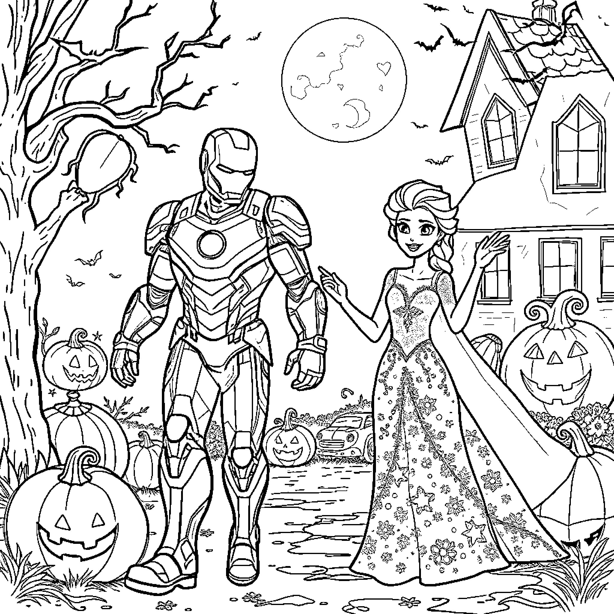 Ironman and Elsa Trick-or-Treating on Halloween Night Coloring Page (free black-and-white line drawing printable PDF for all, from beginners to advanced learners, including children, teens, adults, and seniors)