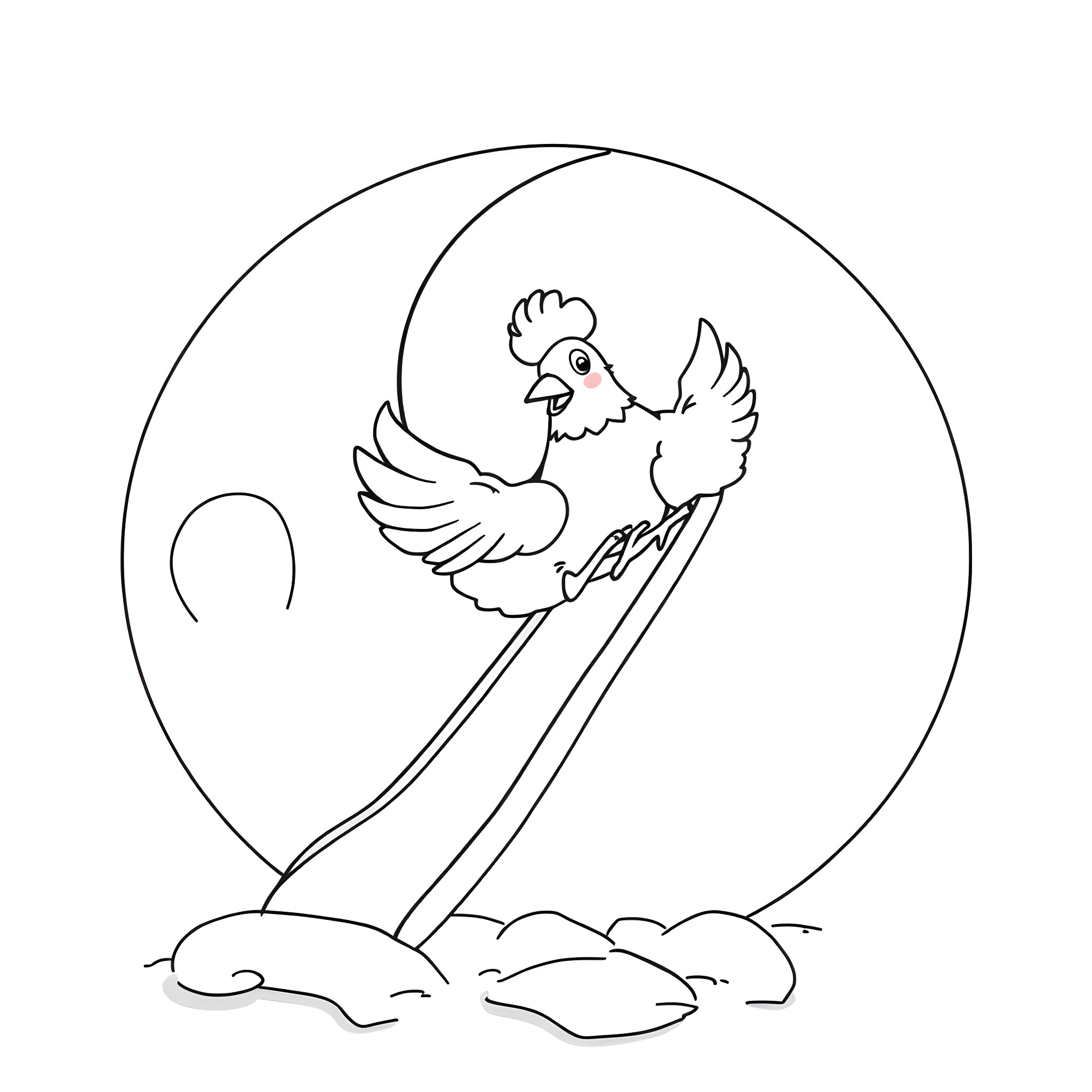 Chicken flying happily through the clouds Coloring Page (free black-and-white line drawing printable PDF for all, from beginners to advanced learners, including children, teens, adults, and seniors)