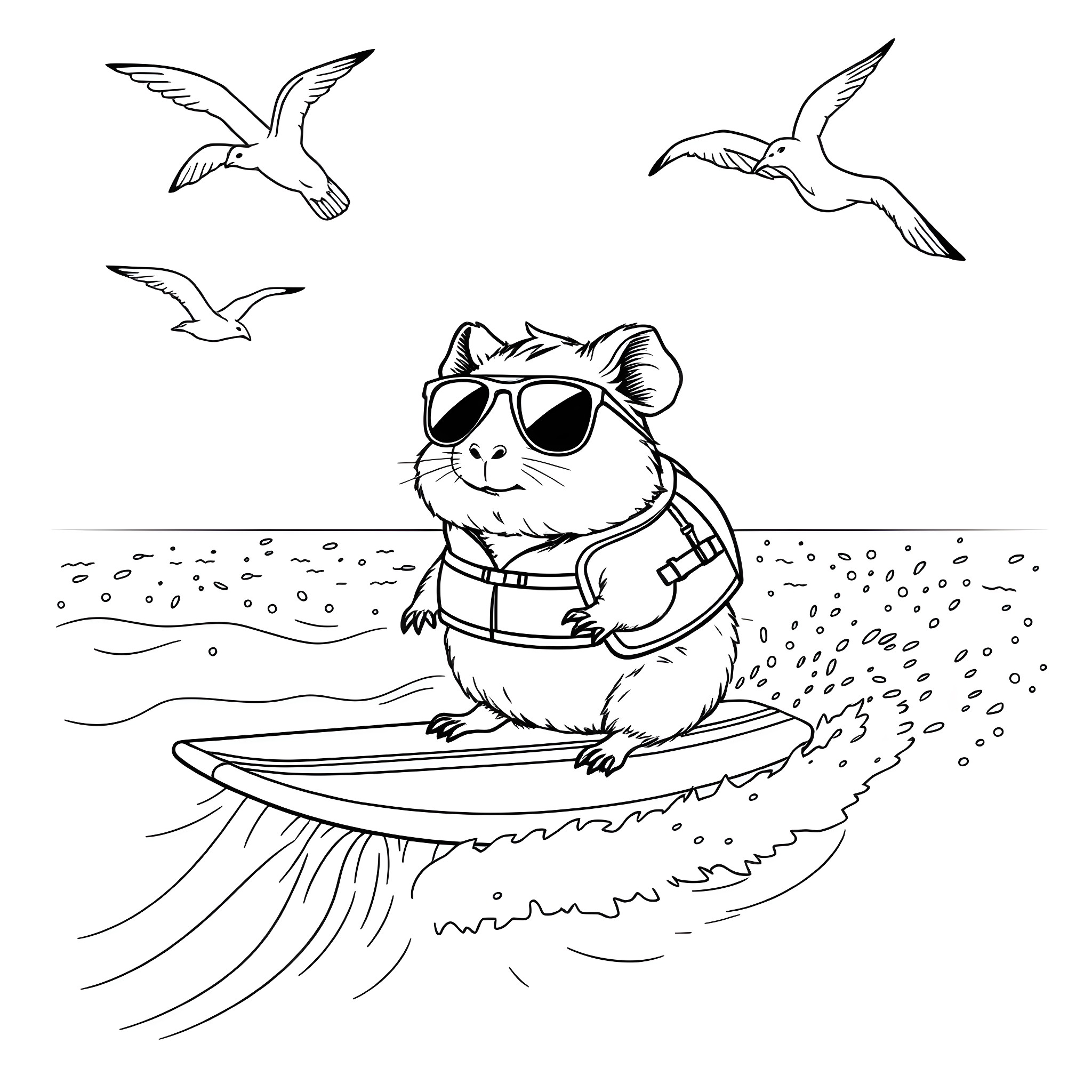 Guinea Pig Surfing in the Ocean with Seagulls Coloring Page (free black-and-white line drawing printable PDF for all, from beginners to advanced learners, including children, teens, adults, and seniors)