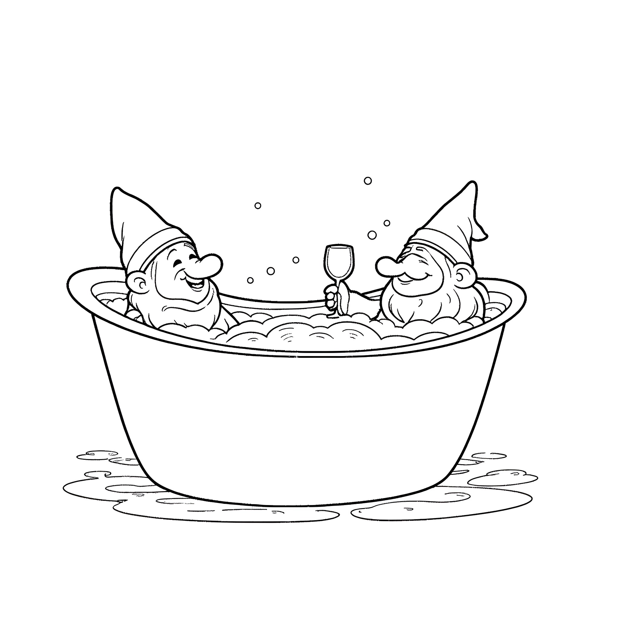 Dwarf companions relaxing in a bubbly tub Coloring Page (free black-and-white line drawing printable PDF for all, from beginners to advanced learners, including children, teens, adults, and seniors)