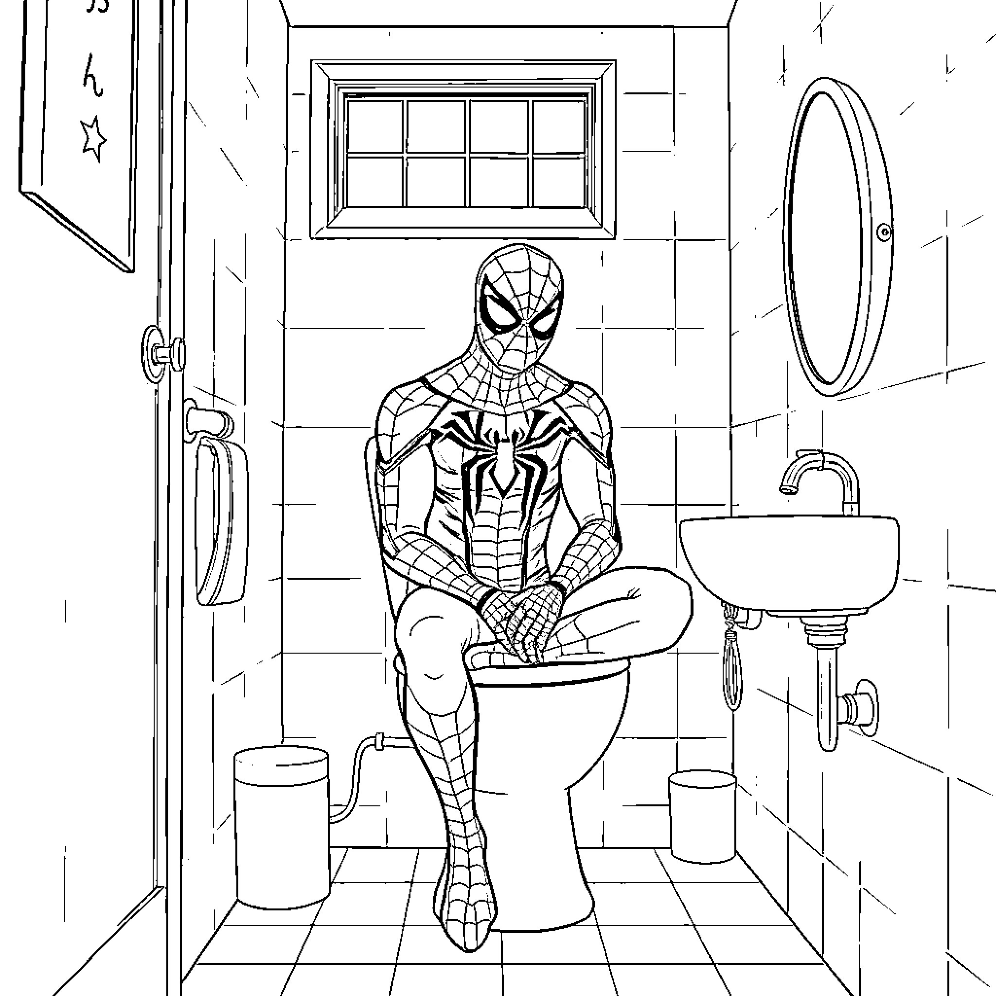 Spiderman relaxing in the bathroom Coloring Page (free black-and-white line drawing printable PDF for all, from beginners to advanced learners, including children, teens, adults, and seniors)