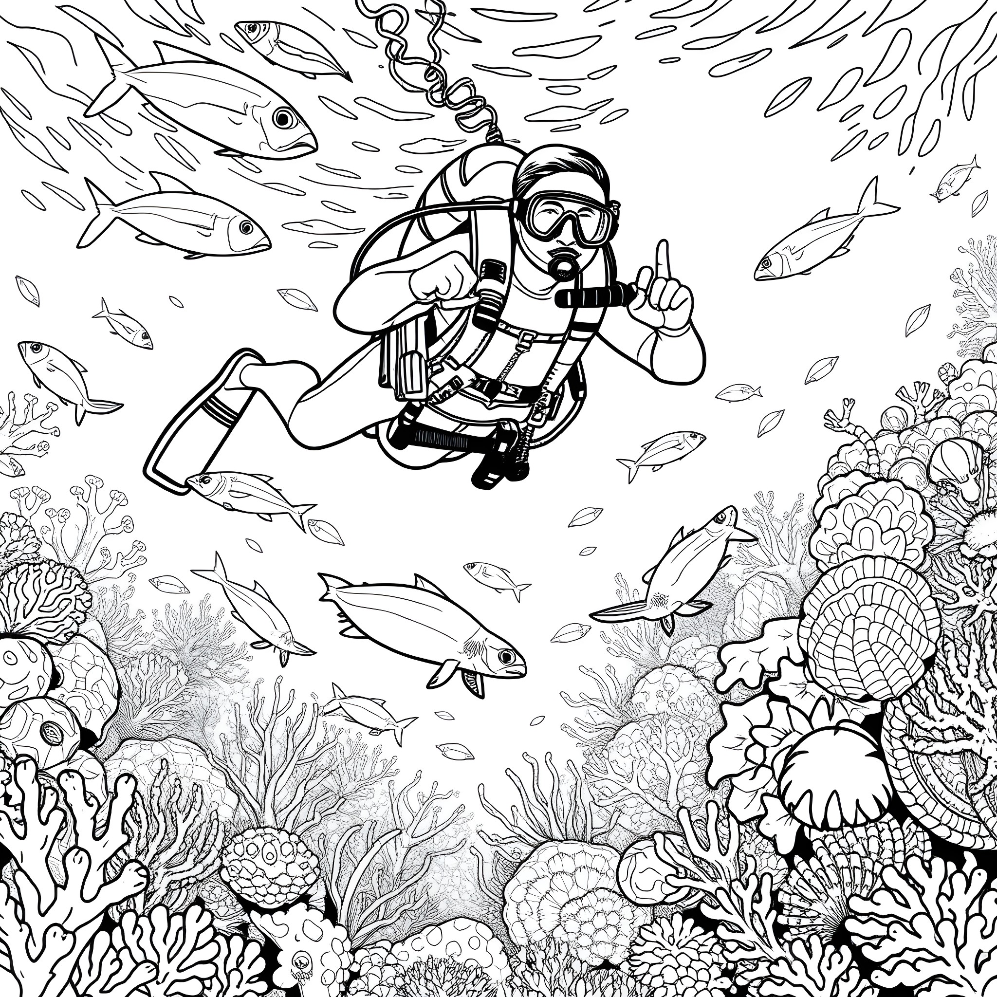 Scuba Diver Exploring Vibrant Underwater World Coloring Page (free black-and-white line drawing printable PDF for all, from beginners to advanced learners, including children, teens, adults, and seniors)