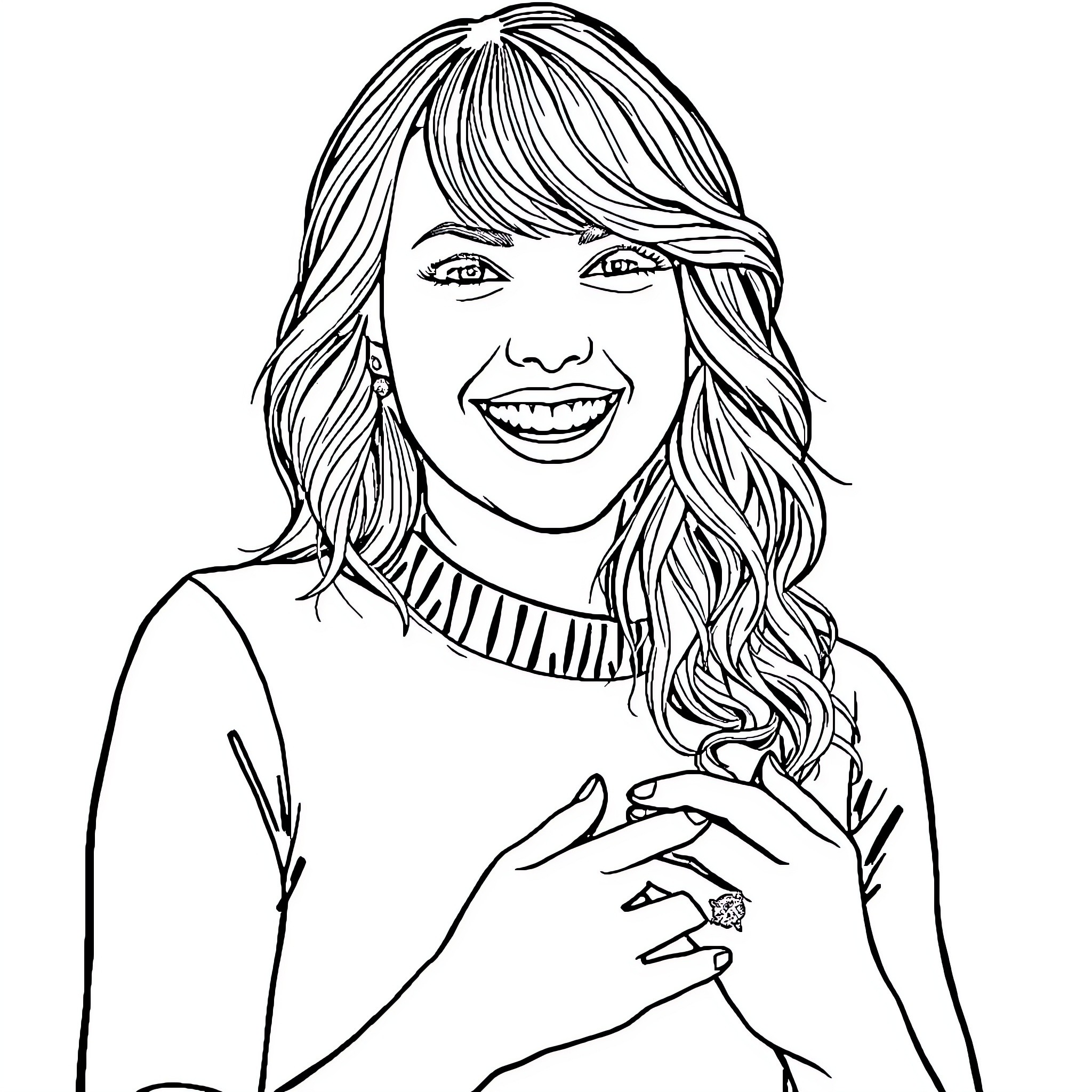 Taylor Swift smiling joyfully in black and white Coloring Page (free black-and-white line drawing printable PDF for all, from beginners to advanced learners, including children, teens, adults, and seniors)