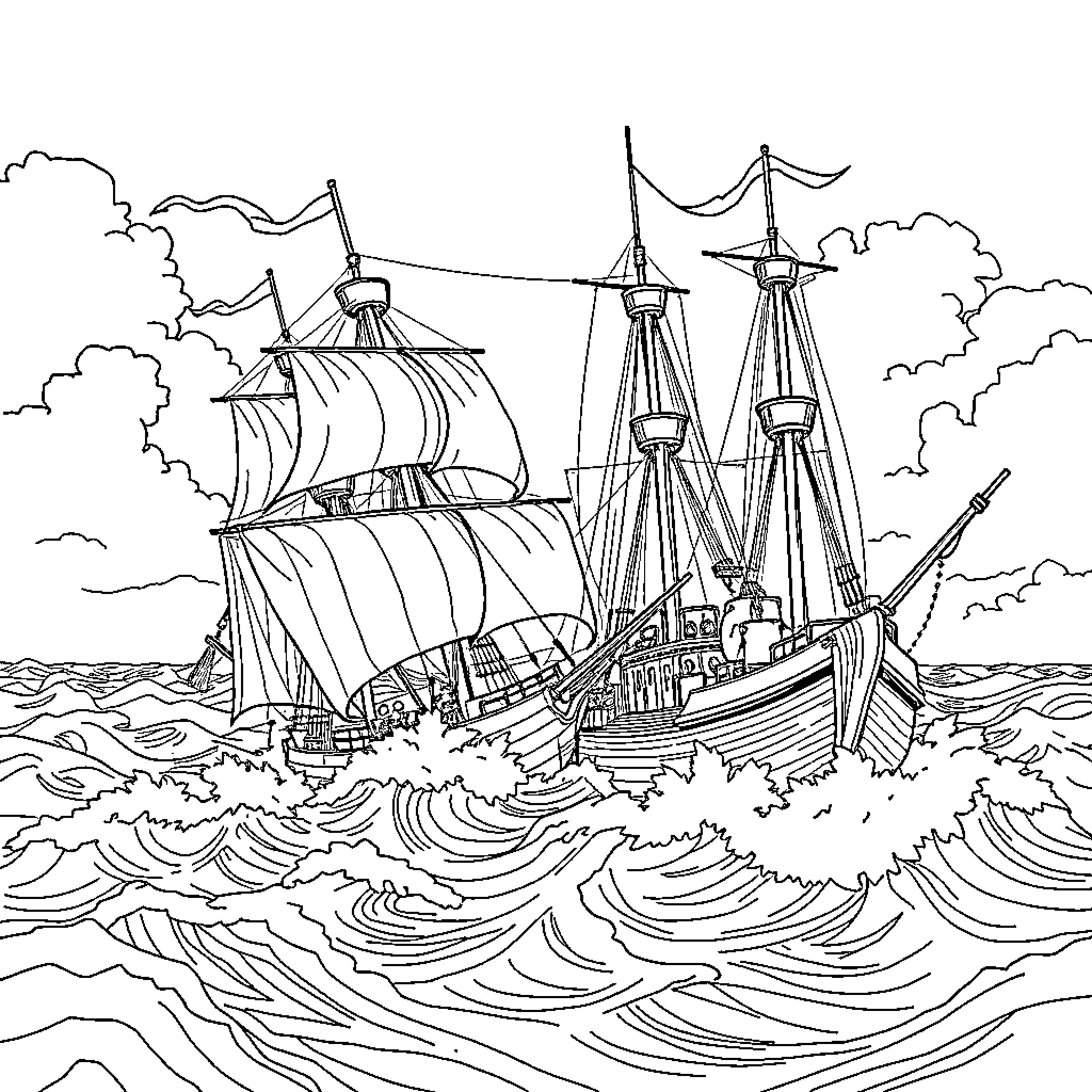 Pirate Ships Navigating Treacherous Seas Coloring Page (free black-and-white line drawing printable PDF for all, from beginners to advanced learners, including children, teens, adults, and seniors)