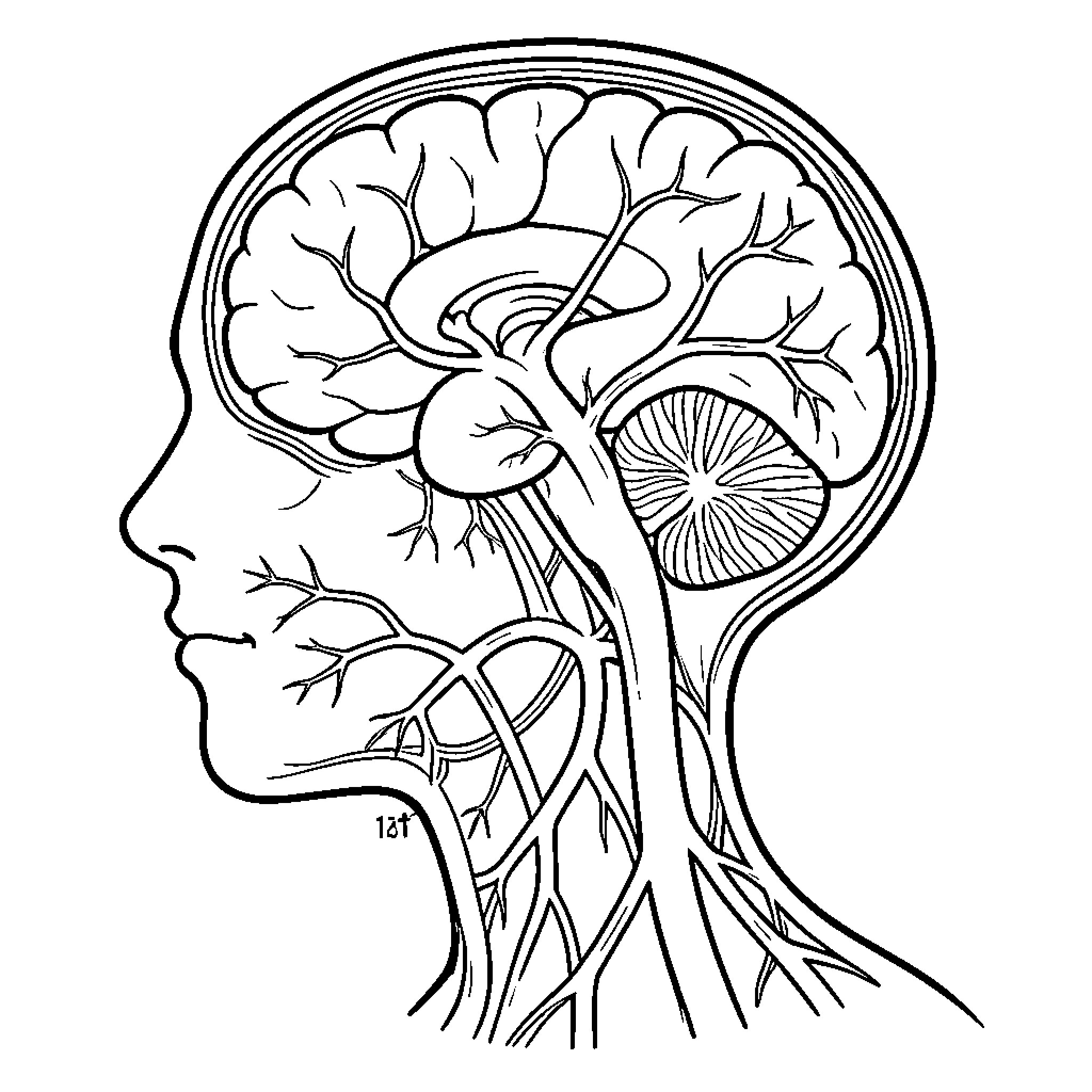 Artery and nerve structures within a human head profile Coloring Page (free black-and-white line drawing printable PDF for all, from beginners to advanced learners, including children, teens, adults, and seniors)