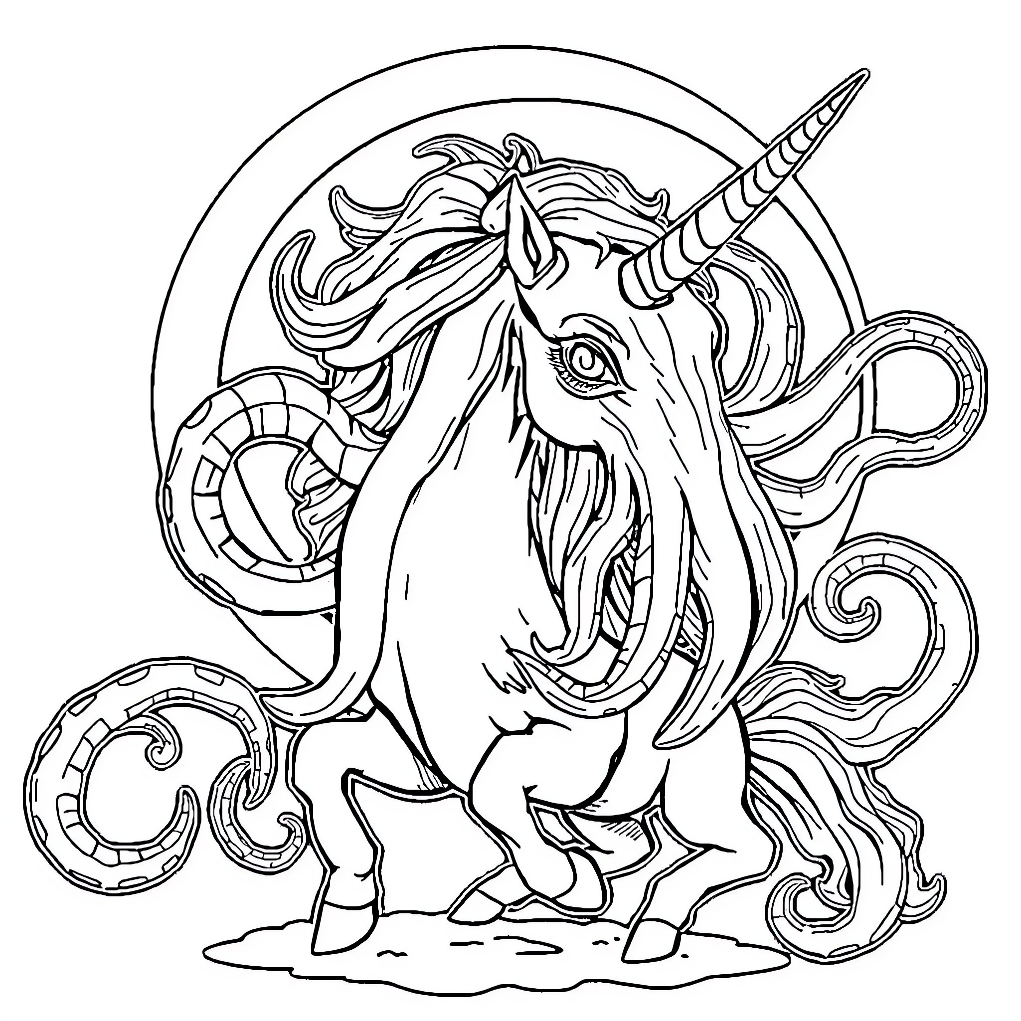 Cthulhu's Enchanting Unicorn Coloring Page (free black-and-white line drawing printable PDF for all, from beginners to advanced learners, including children, teens, adults, and seniors)