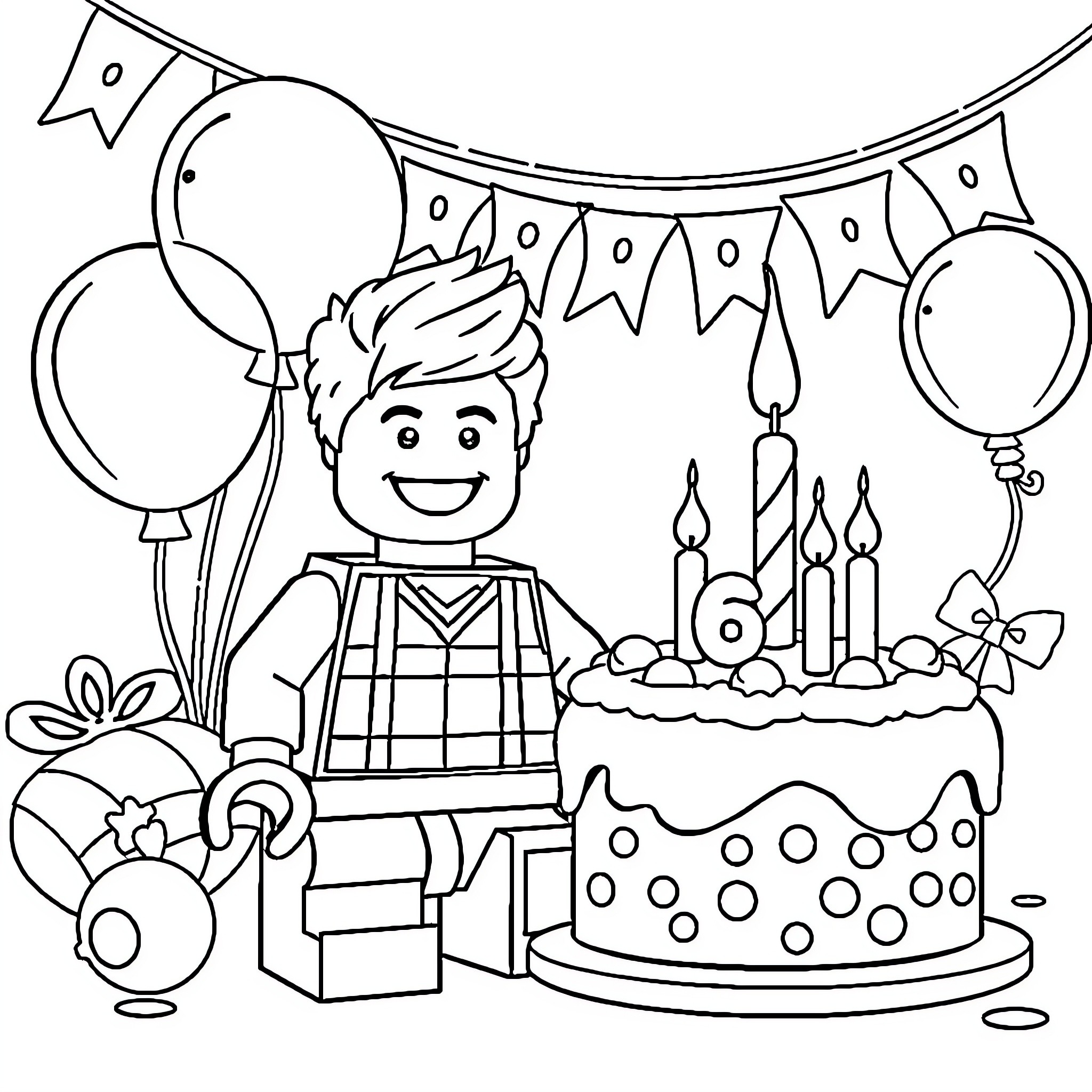 LEGO Minifigure celebrating birthday party with cake and balloons Coloring Page (free black-and-white line drawing printable PDF for all, from beginners to advanced learners, including children, teens, adults, and seniors)