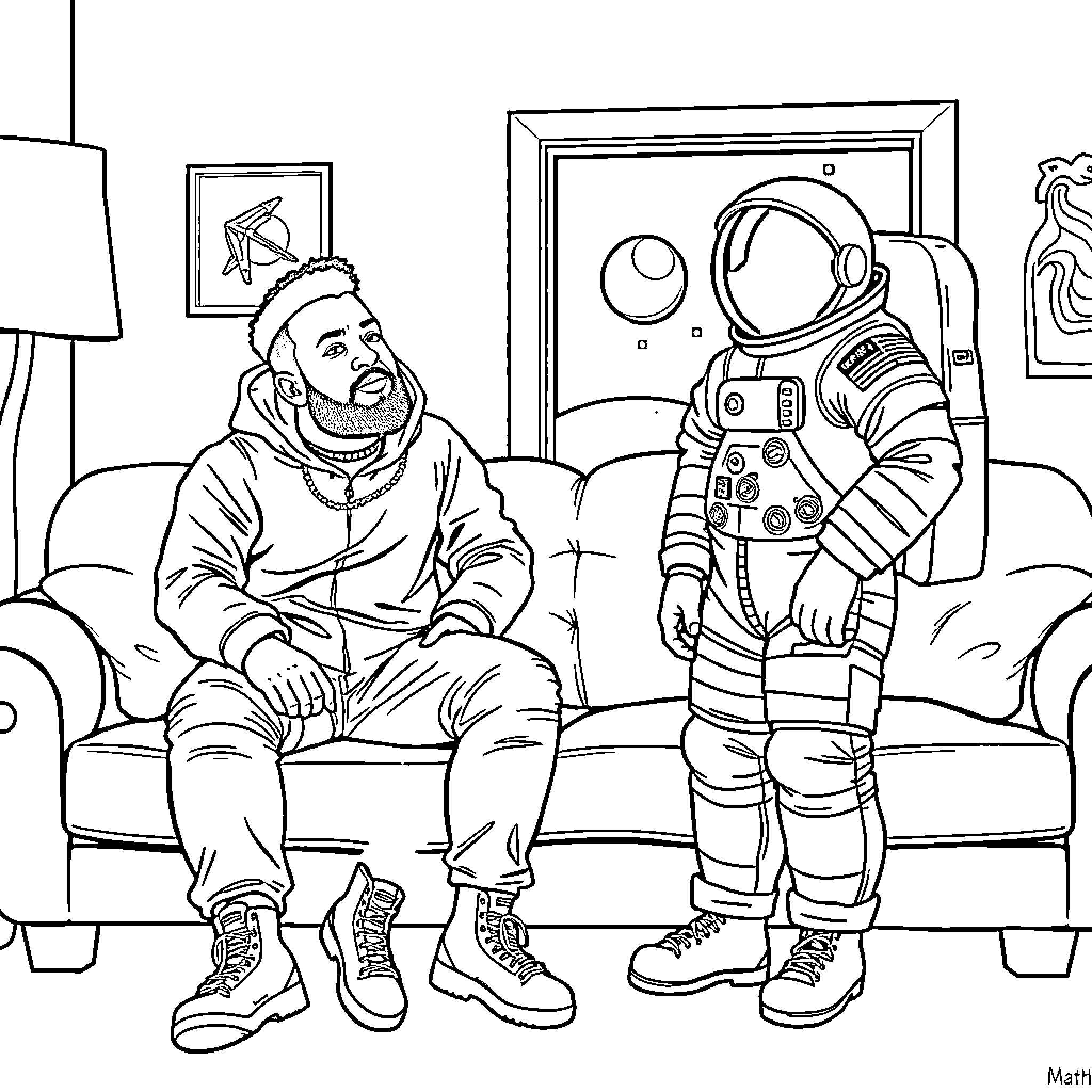 Mac Miller relaxing with astronaut companion Coloring Page (free black-and-white line drawing printable PDF for all, from beginners to advanced learners, including children, teens, adults, and seniors)
