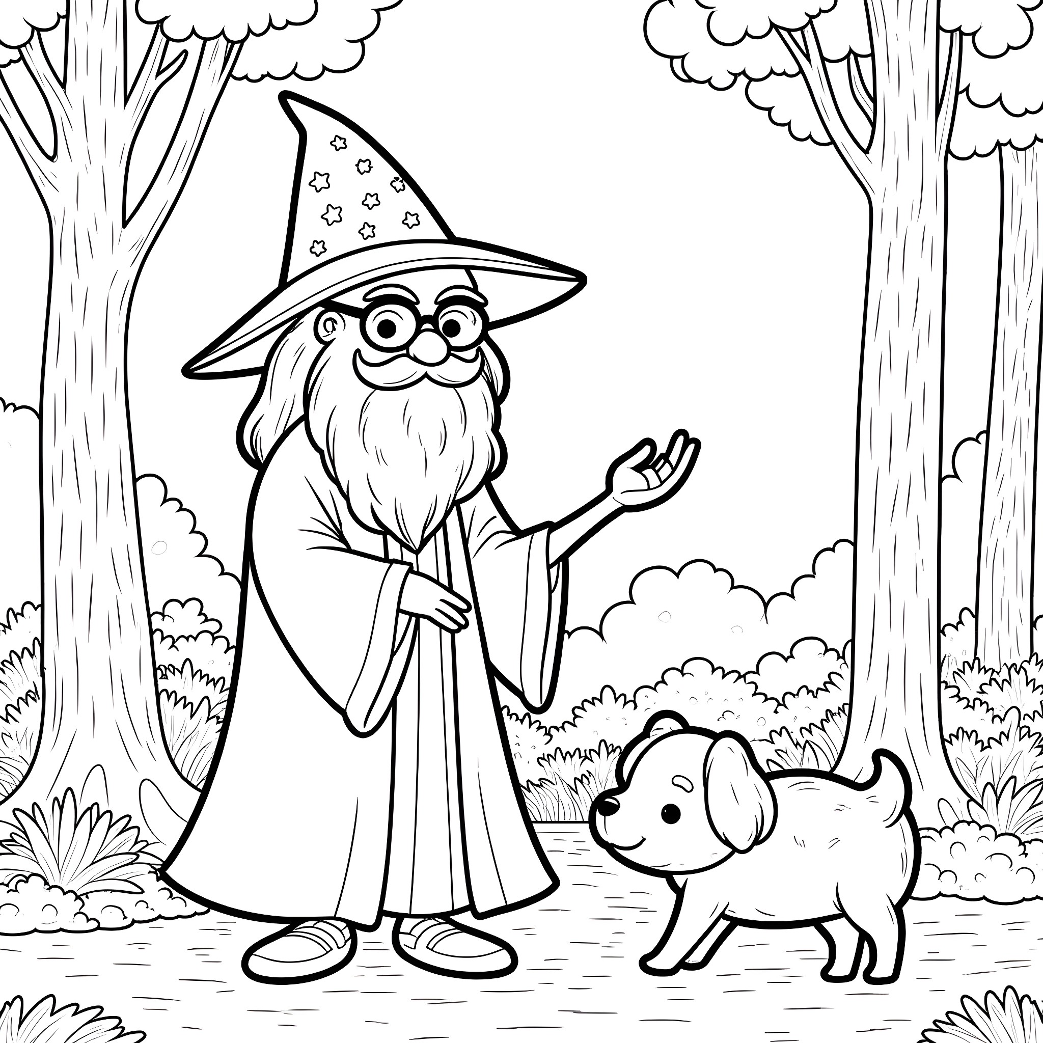 Wizard with a friendly companion dog in the forest Coloring Page (free black-and-white line drawing printable PDF for all, from beginners to advanced learners, including children, teens, adults, and seniors)