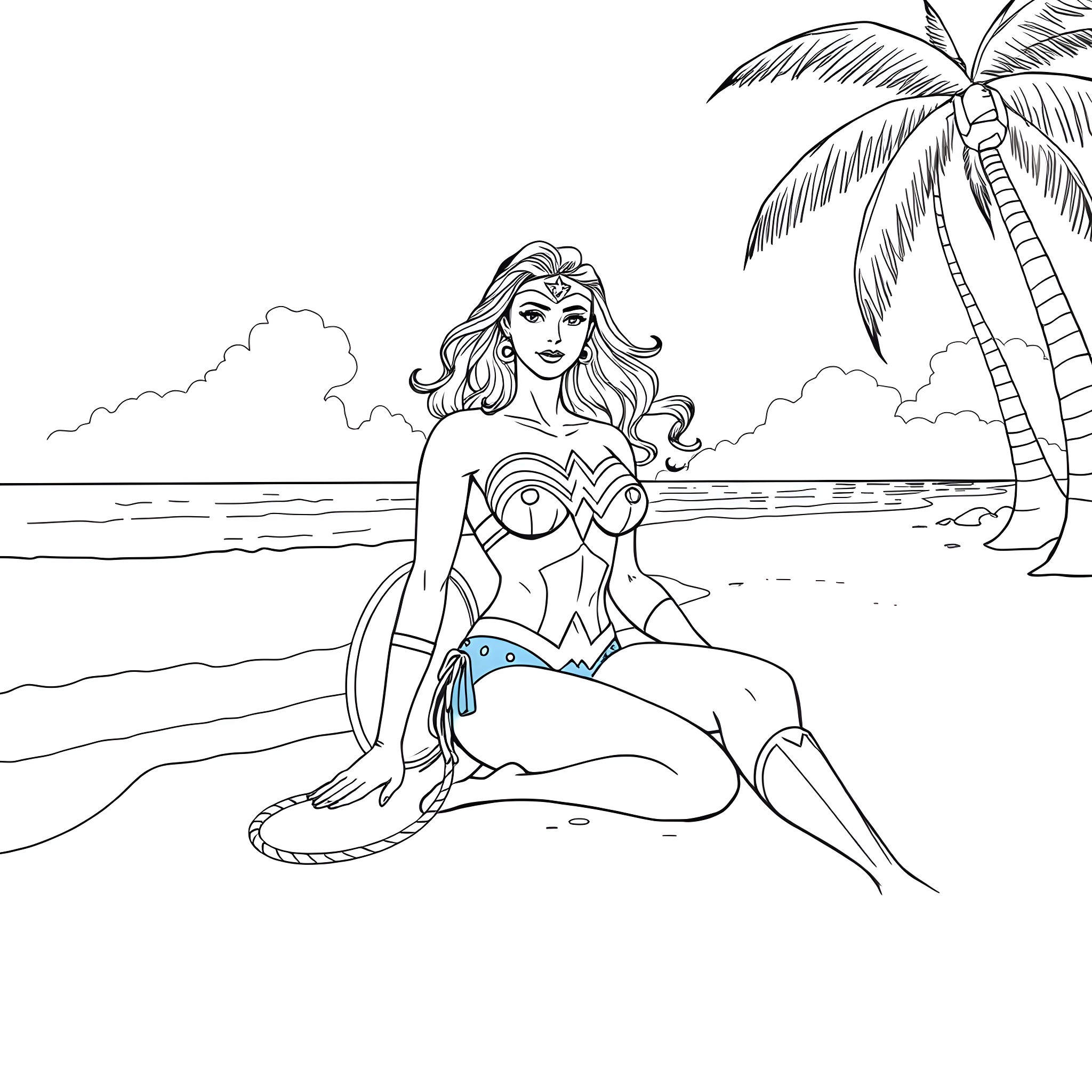 Wonder Woman on the Tropical Beach Coloring Page (free black-and-white line drawing printable PDF for all, from beginners to advanced learners, including children, teens, adults, and seniors)