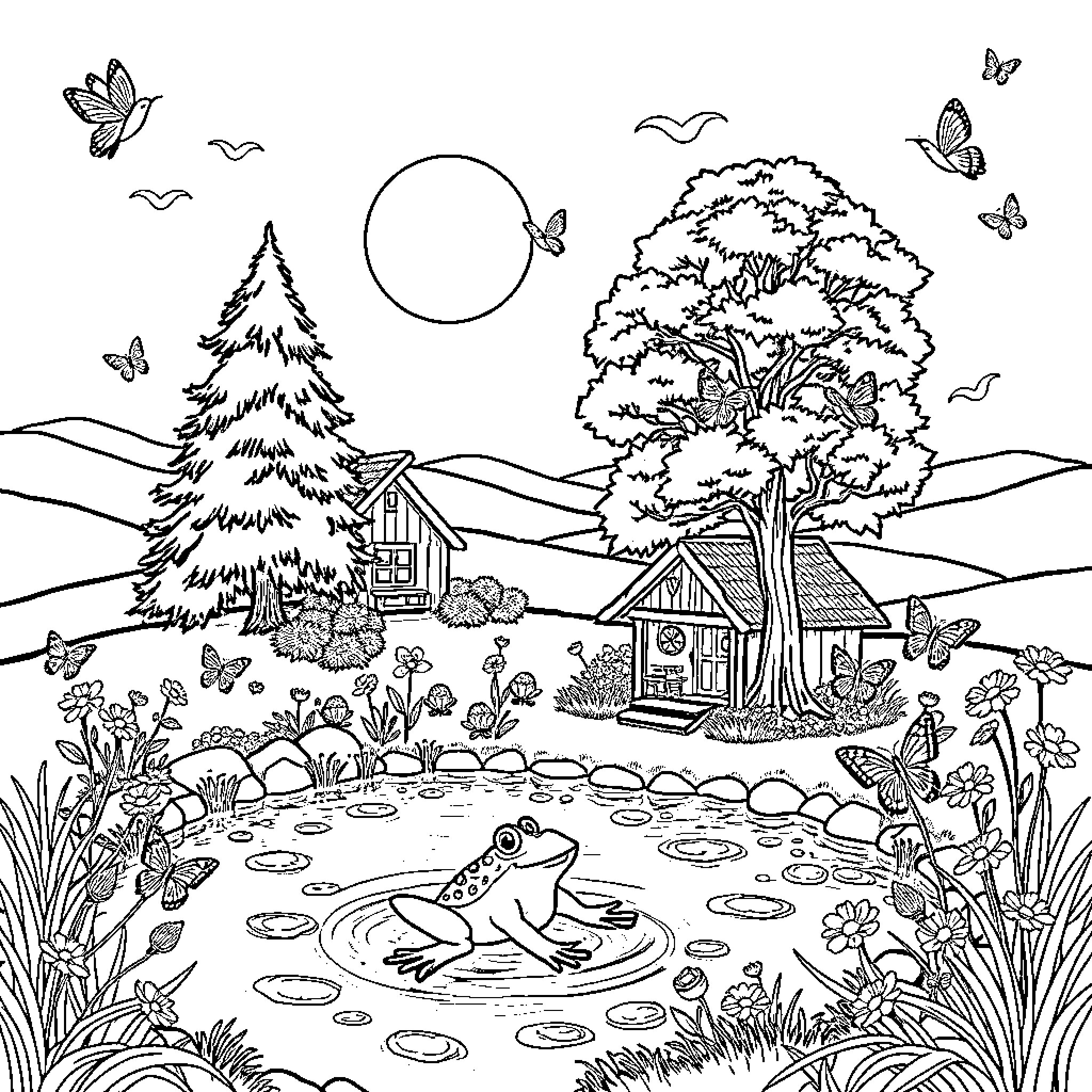 Nature's Tranquil Landscape: Idyllic Cabins, Peaceful Pond, and Vibrant Wildlife Coloring Page (free black-and-white line drawing printable PDF for all, from beginners to advanced learners, including children, teens, adults, and seniors)