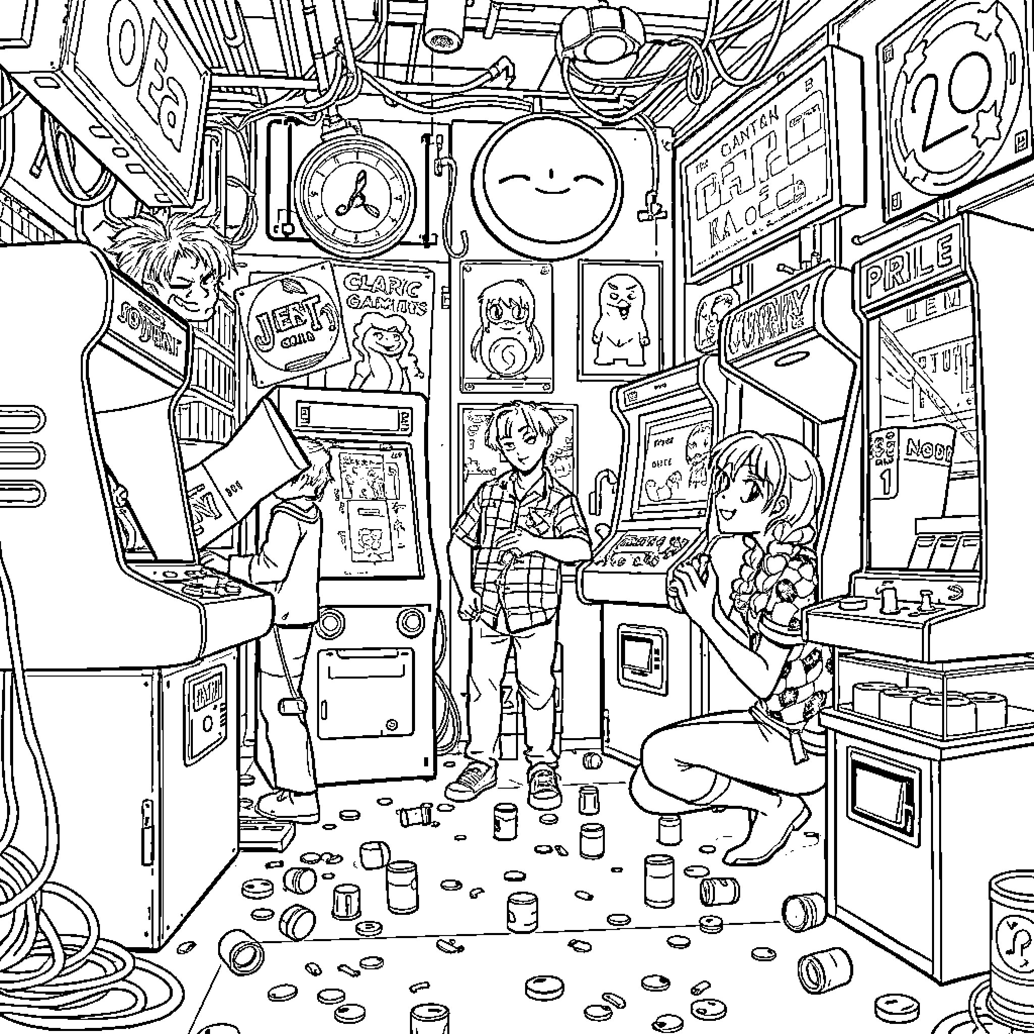Arcade Scene with Gamers Enjoying Variety of Games Coloring Page (free black-and-white line drawing printable PDF for all, from beginners to advanced learners, including children, teens, adults, and seniors)