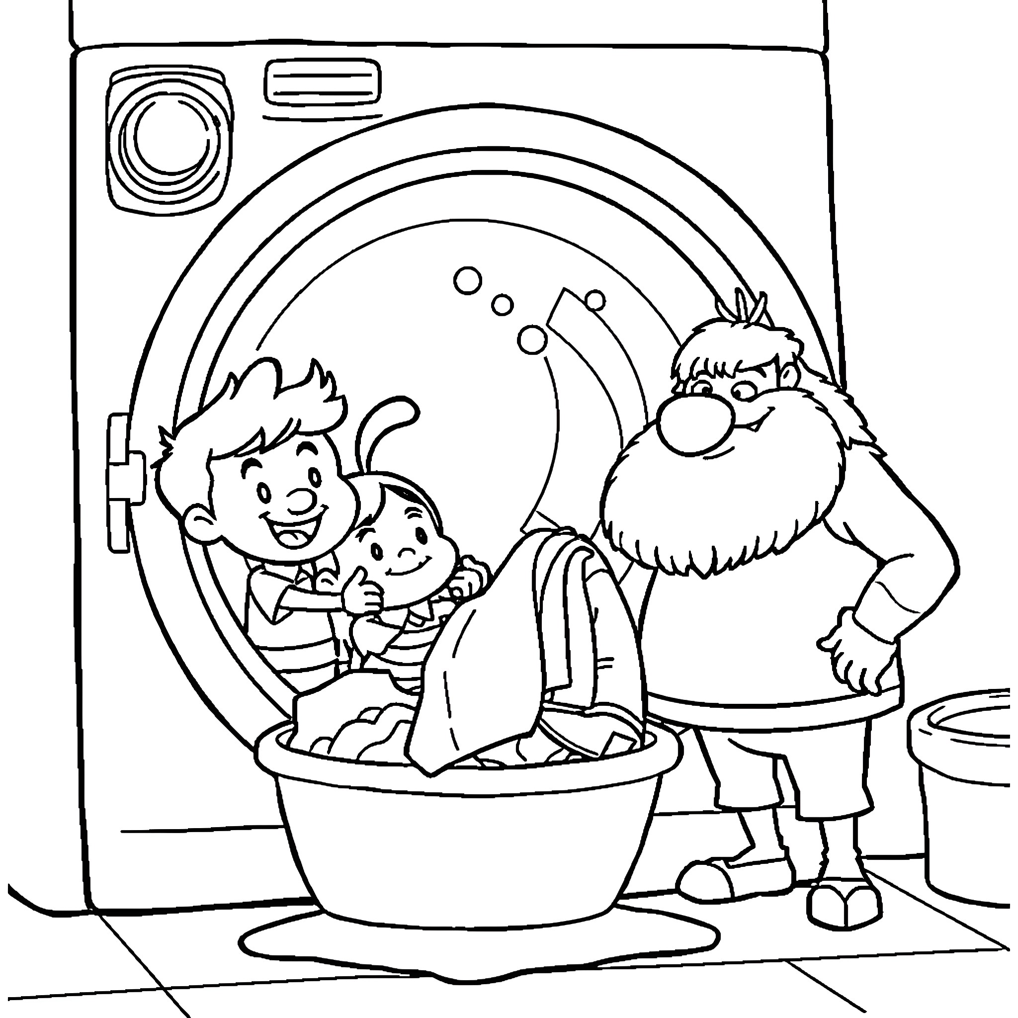 Dipper helping his grandpa with laundry Coloring Page (free black-and-white line drawing printable PDF for all, from beginners to advanced learners, including children, teens, adults, and seniors)