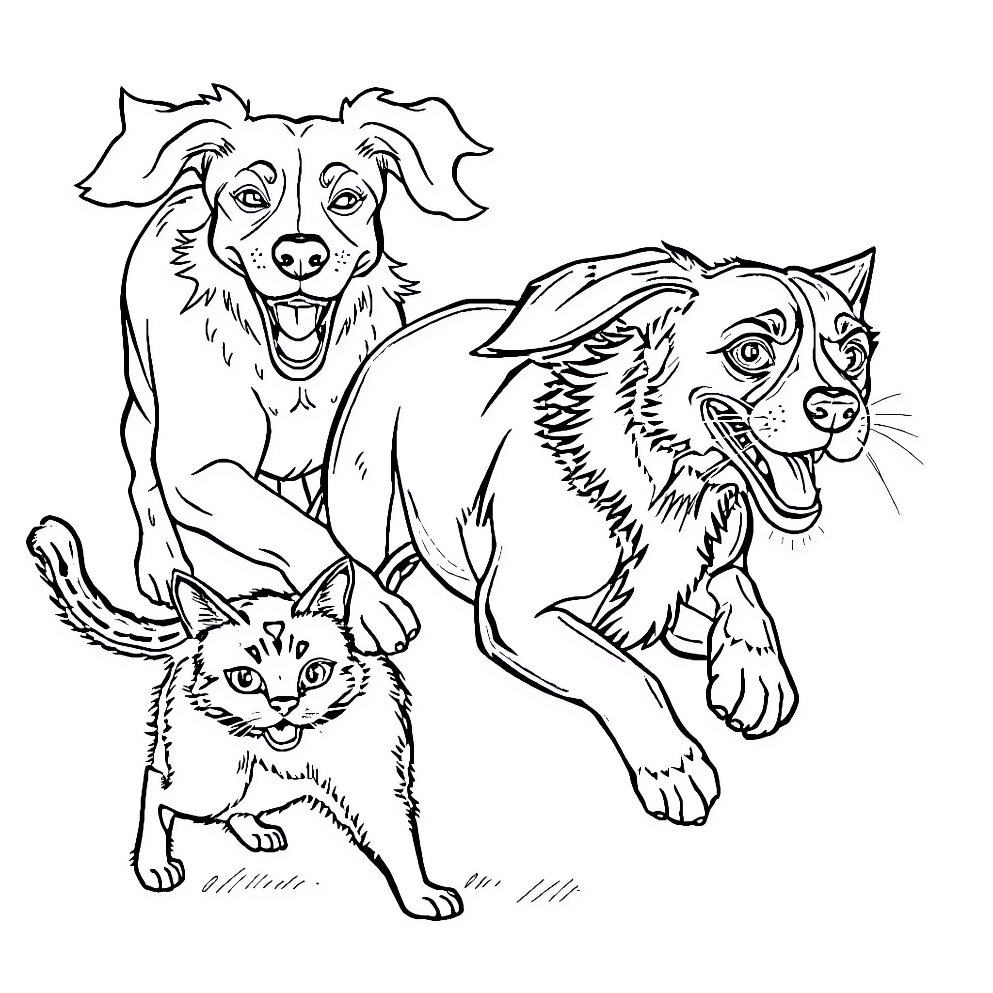 Dog, cat, and tiger playing together Coloring Page (free black-and-white line drawing printable PDF for all, from beginners to advanced learners, including children, teens, adults, and seniors)