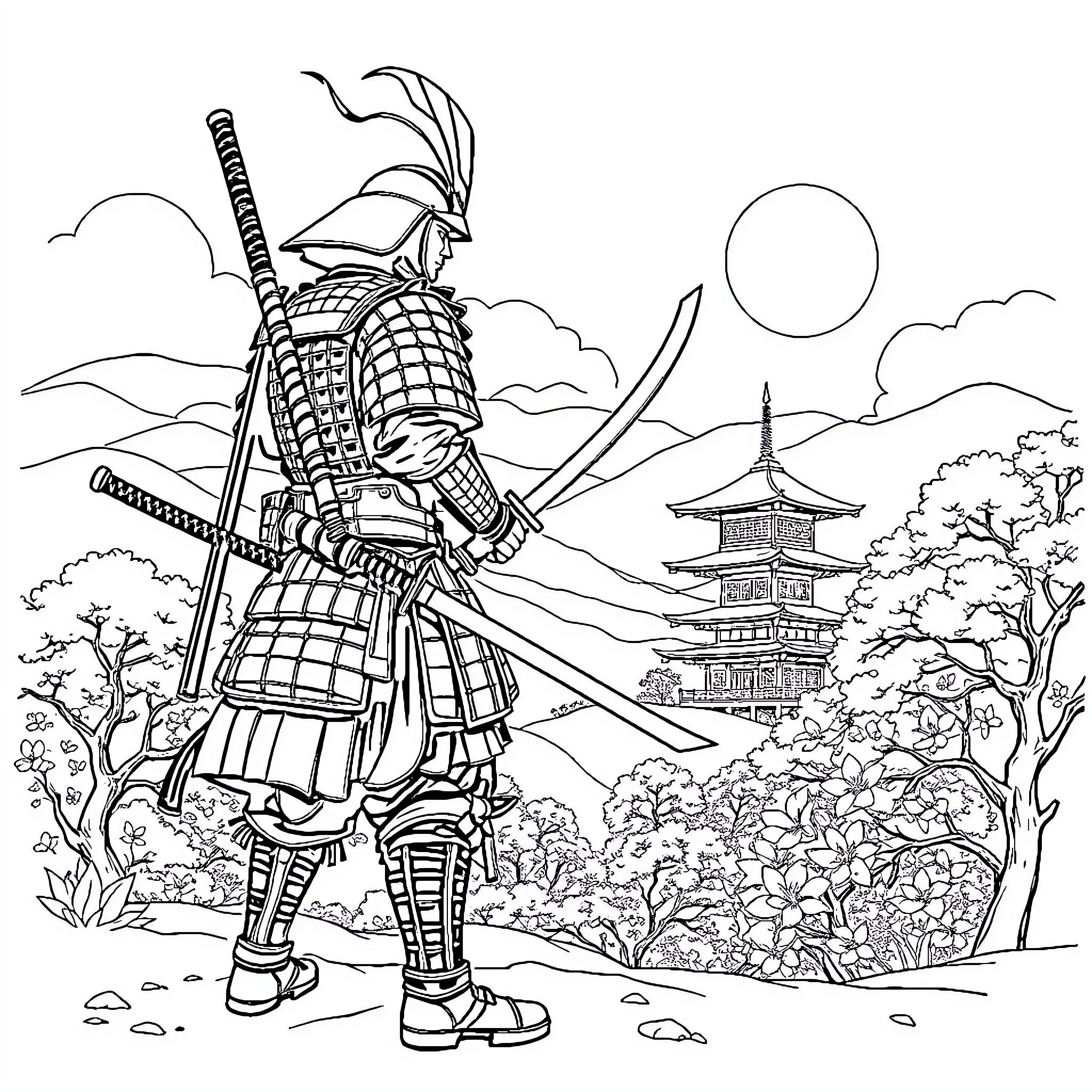 Samurai warrior in traditional armor standing in a scenic landscape Coloring Page (free black-and-white line drawing printable PDF for all, from beginners to advanced learners, including children, teens, adults, and seniors)