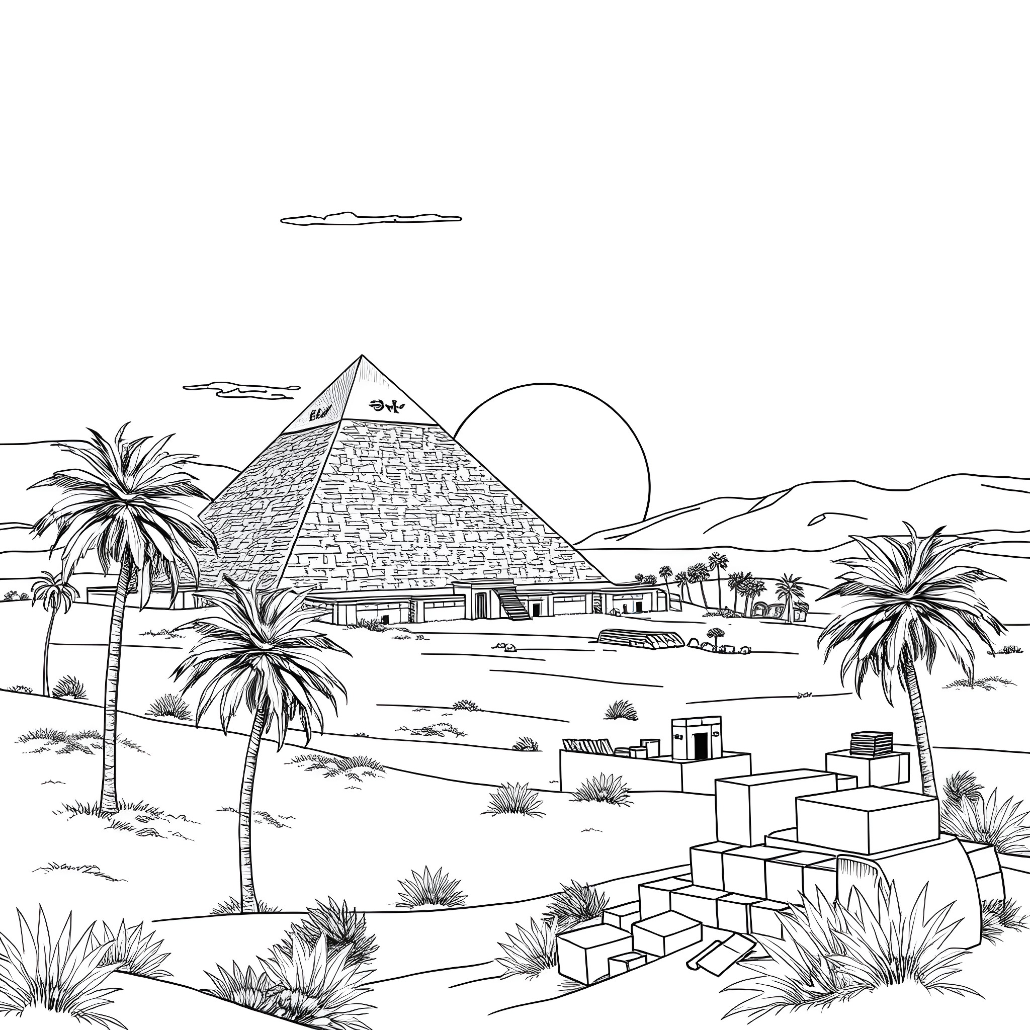 Pyramid with palm trees in desert landscape Coloring Page (free black-and-white line drawing printable PDF for all, from beginners to advanced learners, including children, teens, adults, and seniors)
