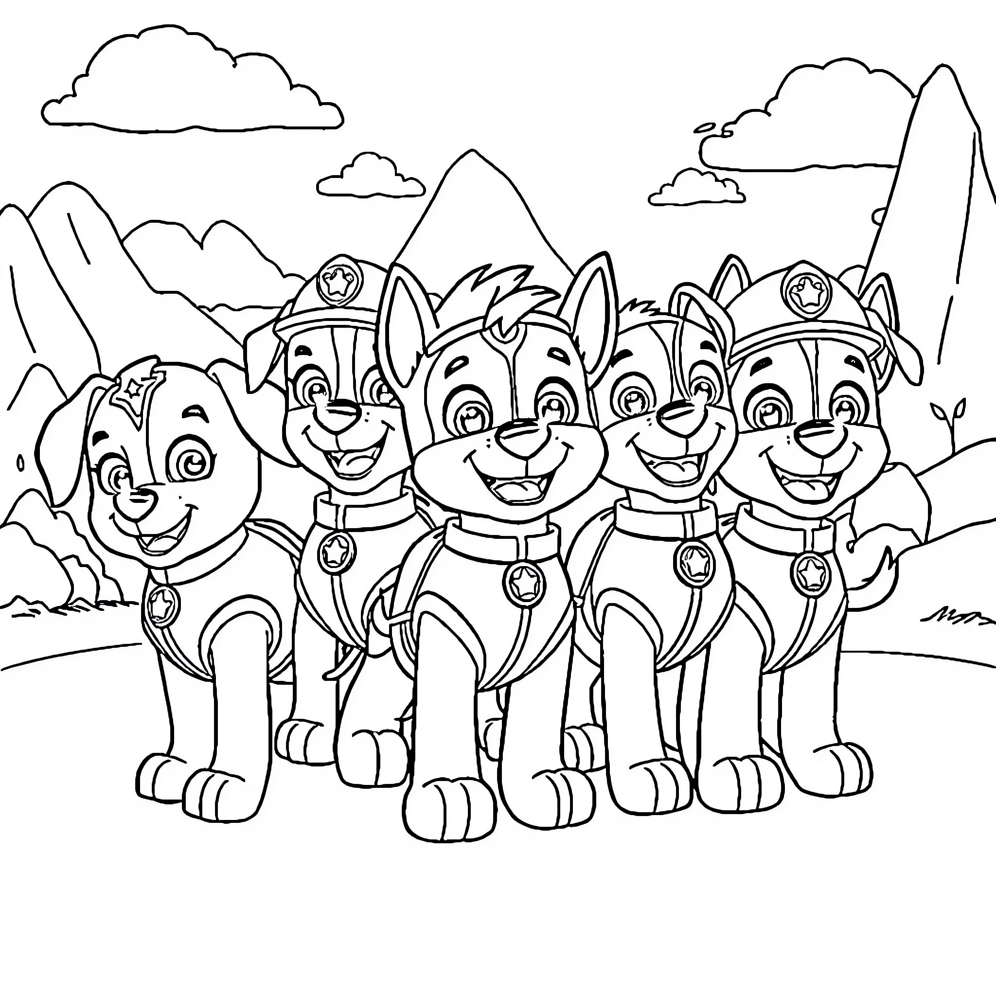 Paw Patrol pups on a mountain adventure Coloring Page (free black-and-white line drawing printable PDF for all, from beginners to advanced learners, including children, teens, adults, and seniors)