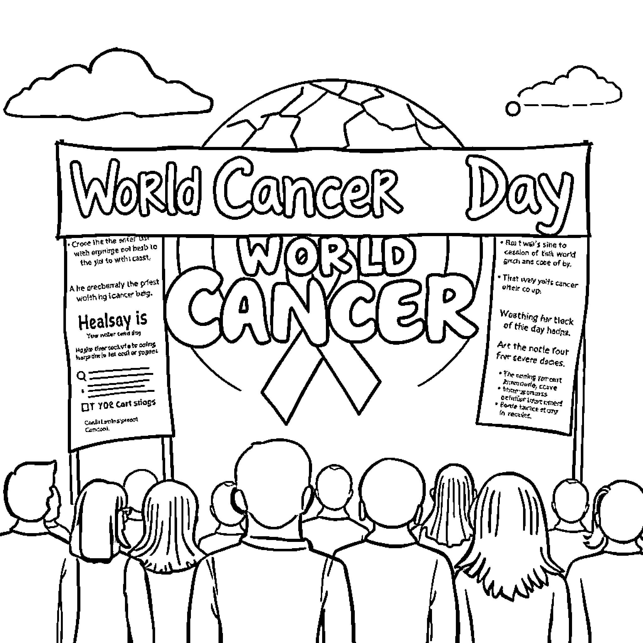 Cancer Awareness Rally with Community Support Coloring Page (free black-and-white line drawing printable PDF for all, from beginners to advanced learners, including children, teens, adults, and seniors)