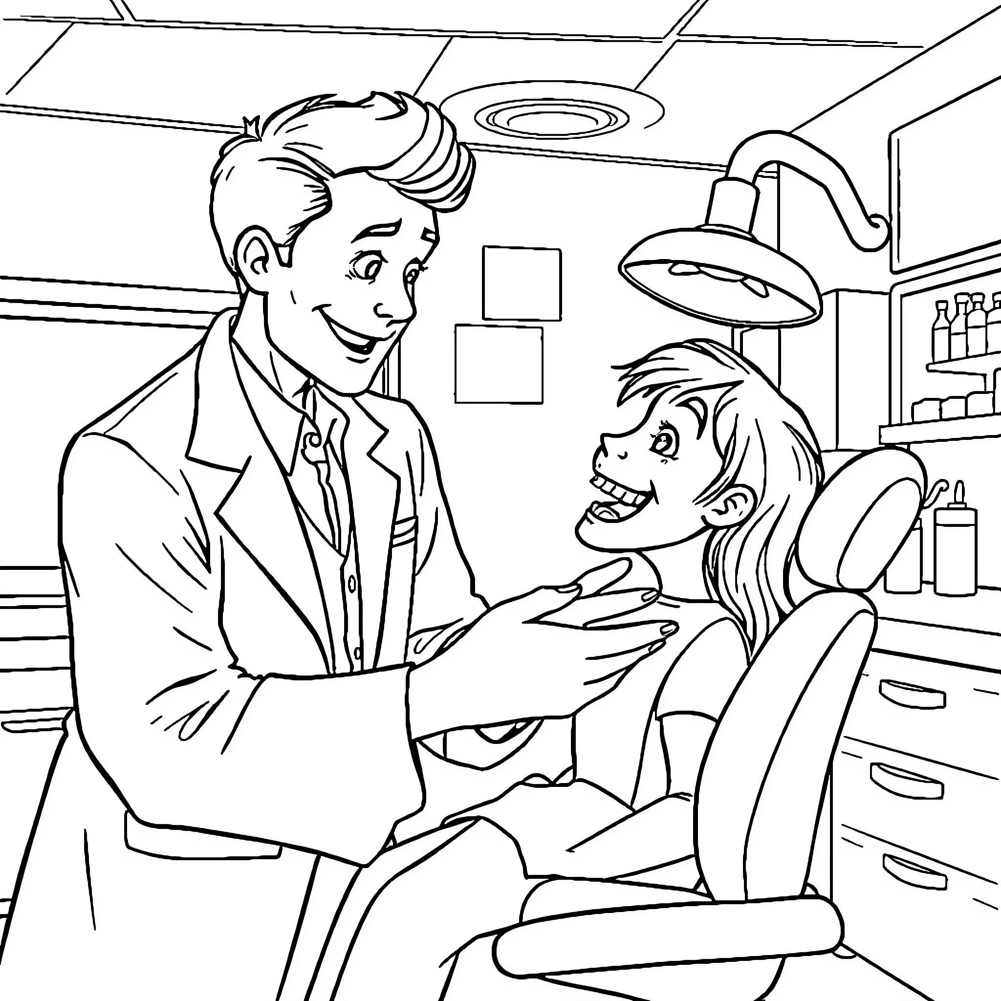 Dentist examining patient with care and professionalism Coloring Page (free black-and-white line drawing printable PDF for all, from beginners to advanced learners, including children, teens, adults, and seniors)