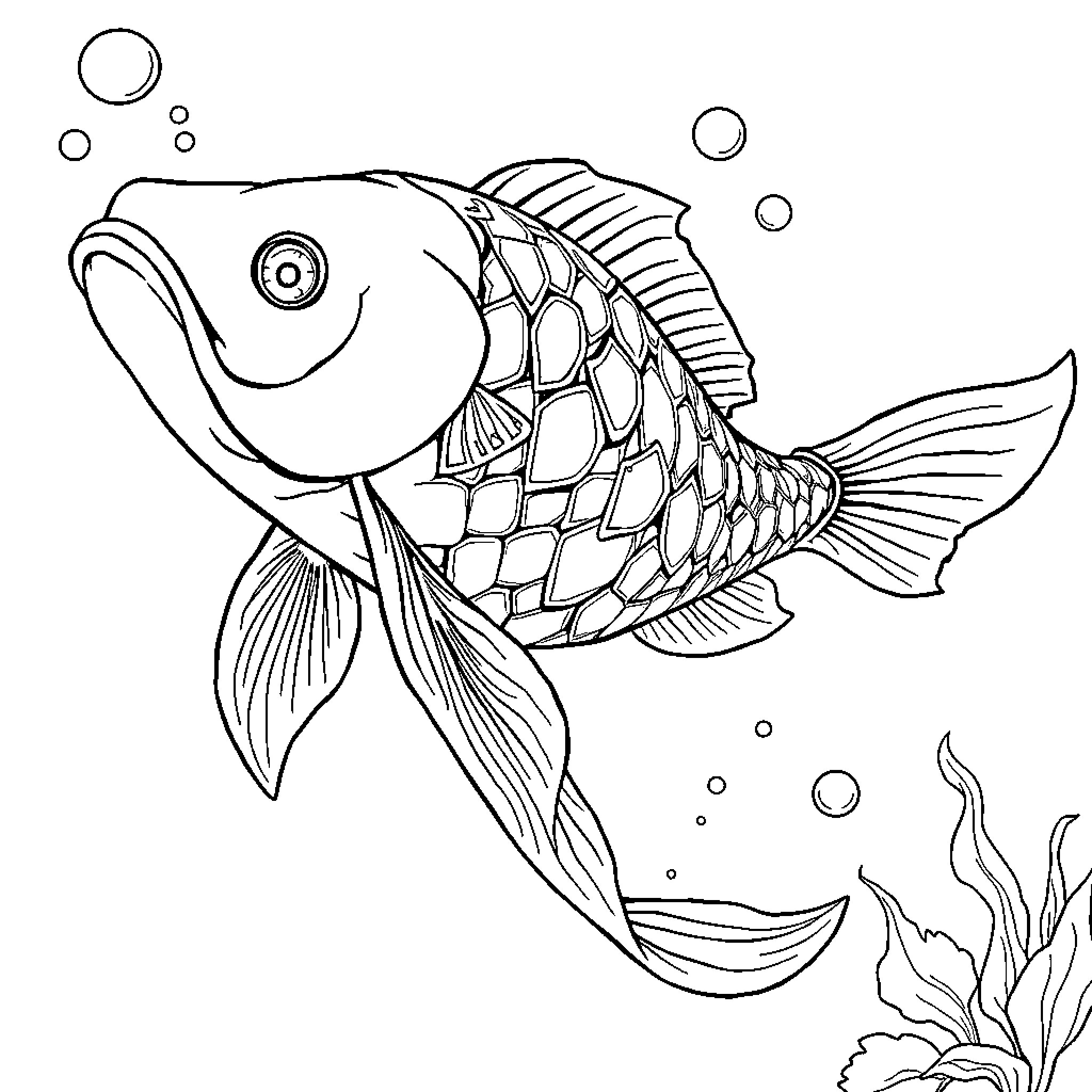 Koi Fish swimming with underwater plants Coloring Page (free black-and-white line drawing printable PDF for all, from beginners to advanced learners, including children, teens, adults, and seniors)