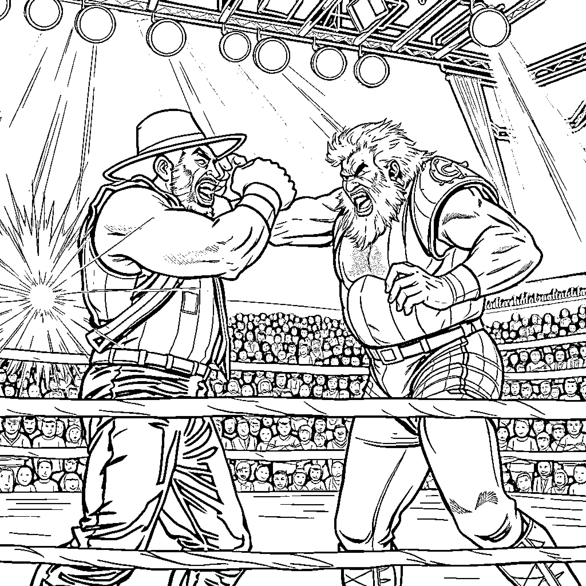 Wrestler Duo Facing Off in Intense Battle Coloring Page (free black-and-white line drawing printable PDF for all, from beginners to advanced learners, including children, teens, adults, and seniors)