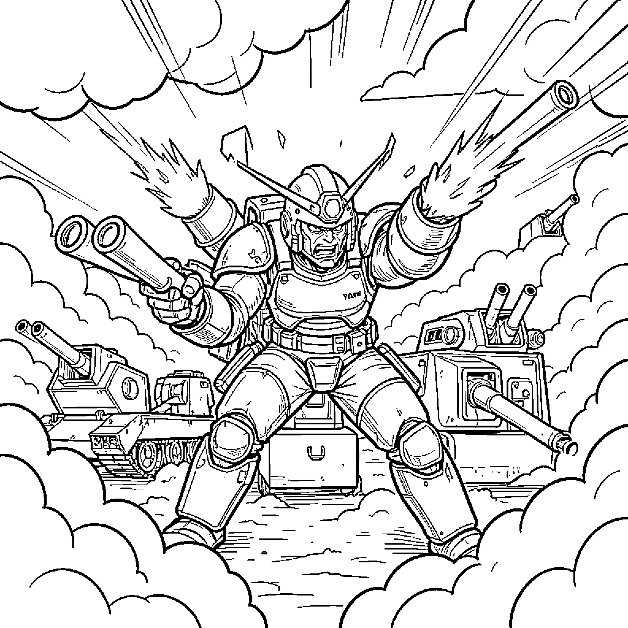 Yamato Mecha Warrior Unleashing Firepower Amidst Clouds Coloring Page (free black-and-white line drawing printable PDF for all, from beginners to advanced learners, including children, teens, adults, and seniors)