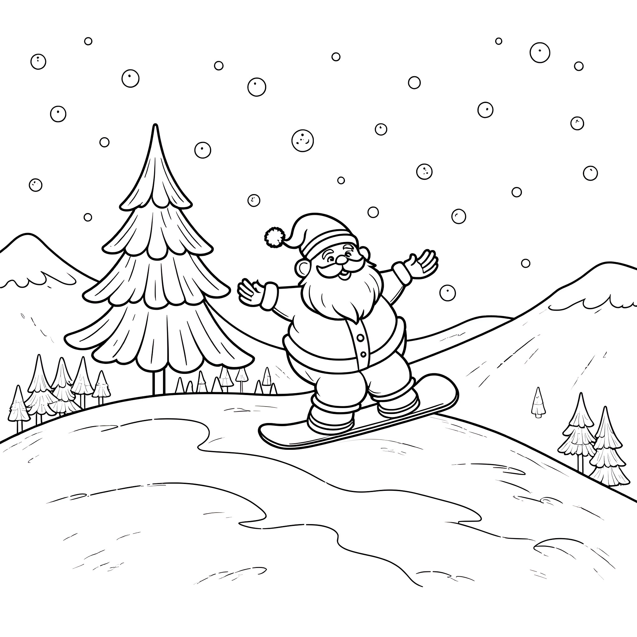 Snowman skiing joyfully in the snowy landscape Coloring Page (free black-and-white line drawing printable PDF for all, from beginners to advanced learners, including children, teens, adults, and seniors)