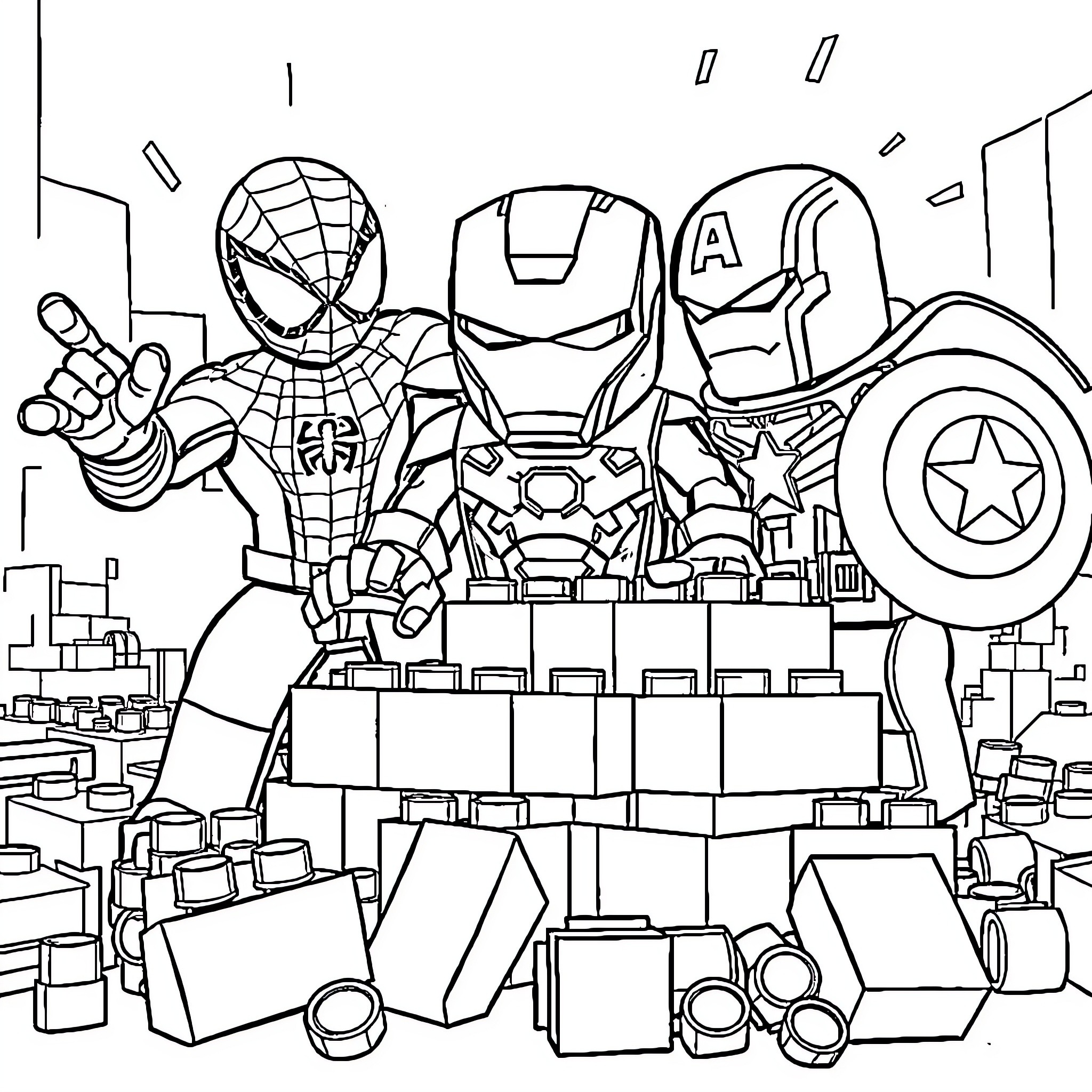 Marvel Character Adventures in the City Coloring Page (free black-and-white line drawing printable PDF for all, from beginners to advanced learners, including children, teens, adults, and seniors)