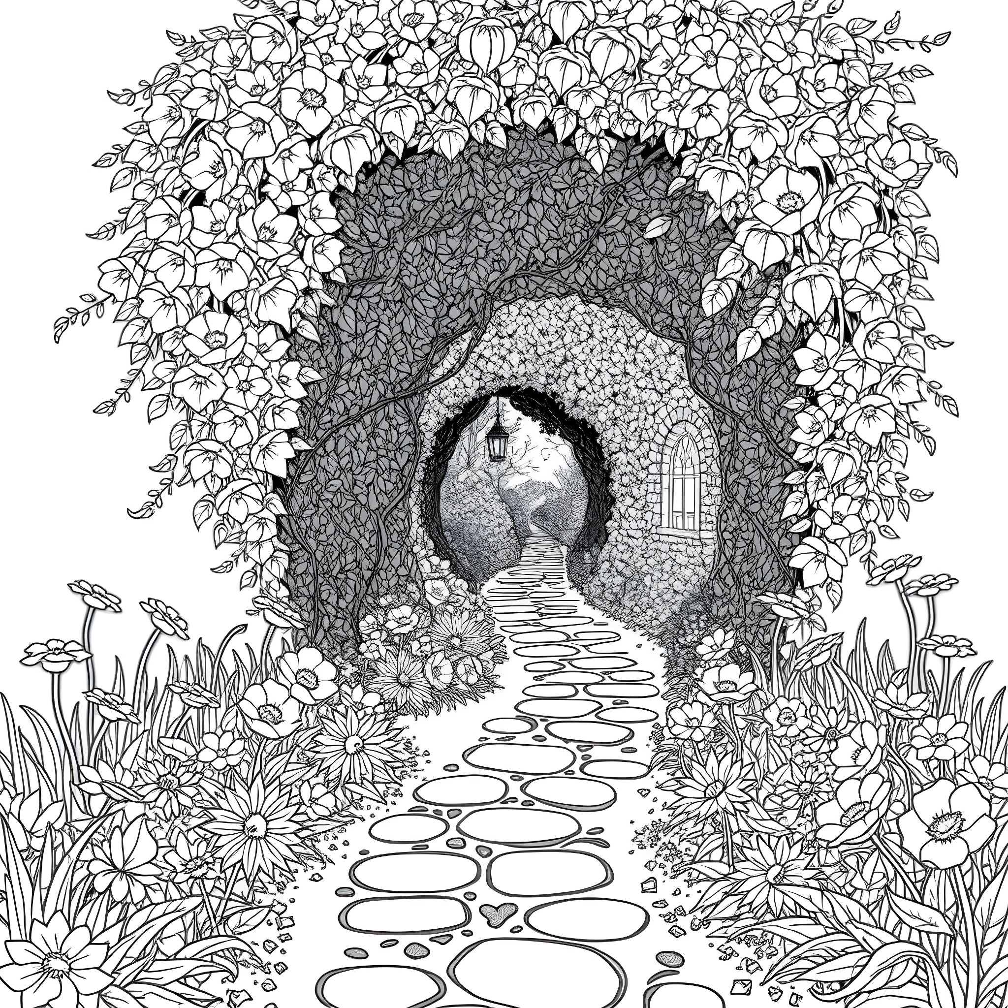 Garden Arch Framed by Lush Foliage and Flowers Coloring Page (free black-and-white line drawing printable PDF for all, from beginners to advanced learners, including children, teens, adults, and seniors)