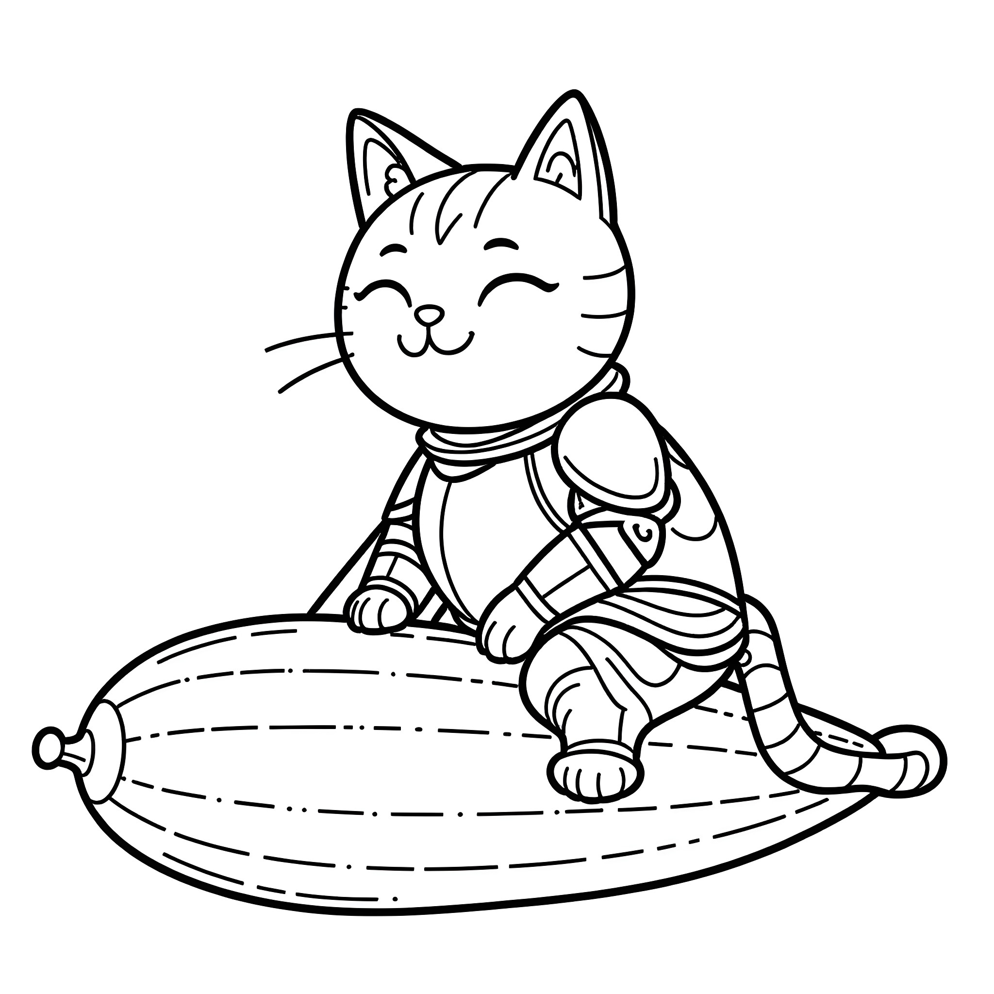 Cat relaxing on a cushion Coloring Page (free black-and-white line drawing printable PDF for all, from beginners to advanced learners, including children, teens, adults, and seniors)
