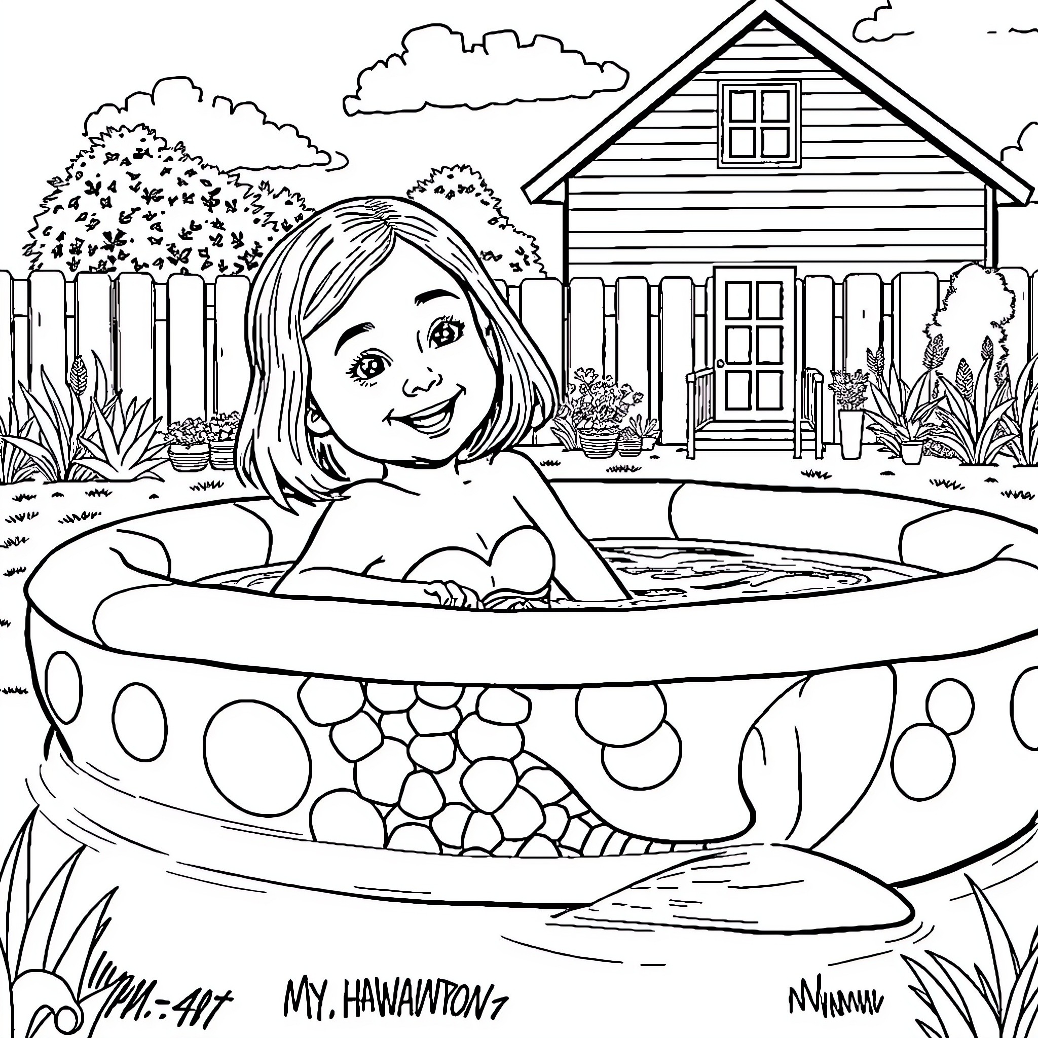 Mermaid Relaxing in Backyard Pool Coloring Page (free black-and-white line drawing printable PDF for all, from beginners to advanced learners, including children, teens, adults, and seniors)