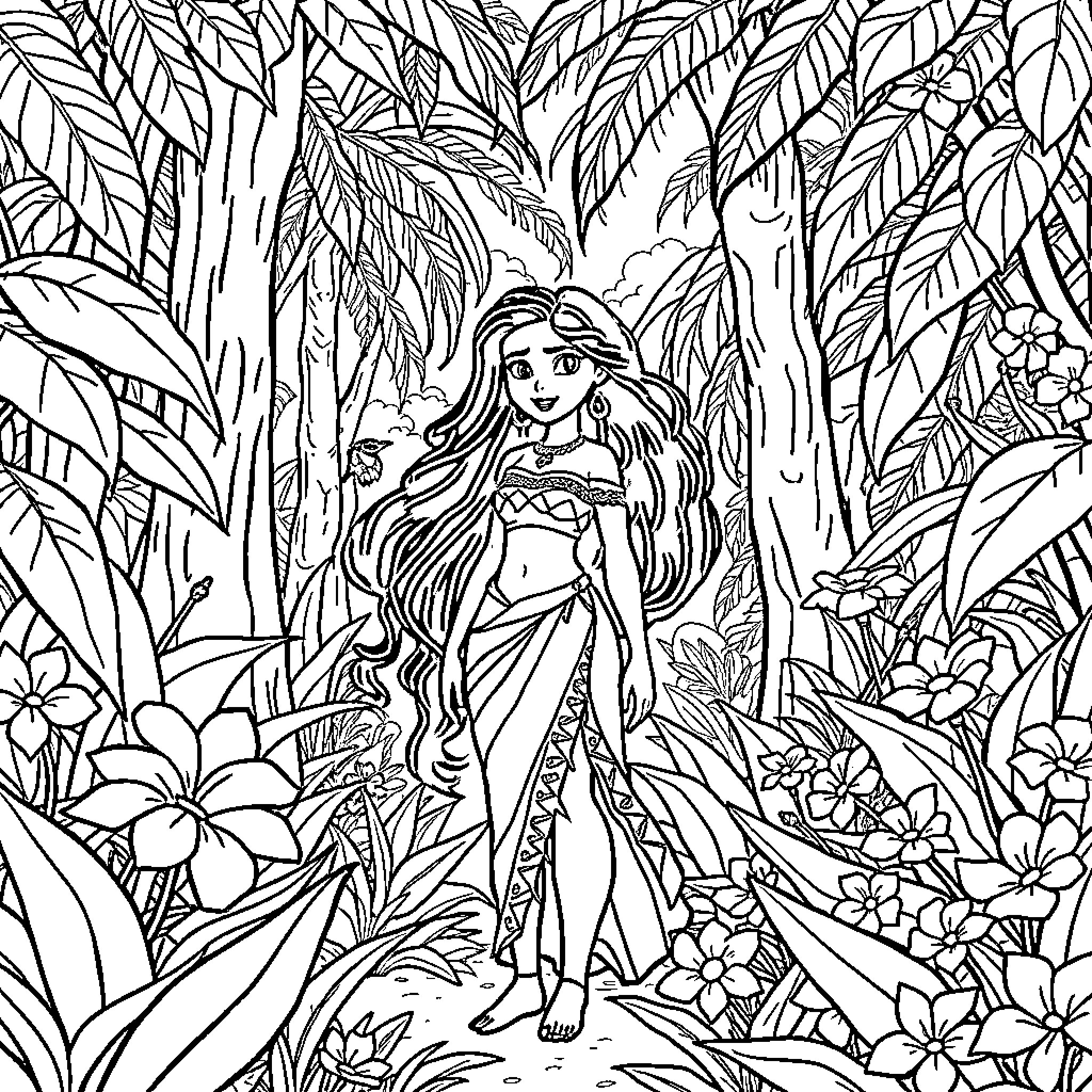 Vaiana exploring the lush tropical jungle Coloring Page (free black-and-white line drawing printable PDF for all, from beginners to advanced learners, including children, teens, adults, and seniors)