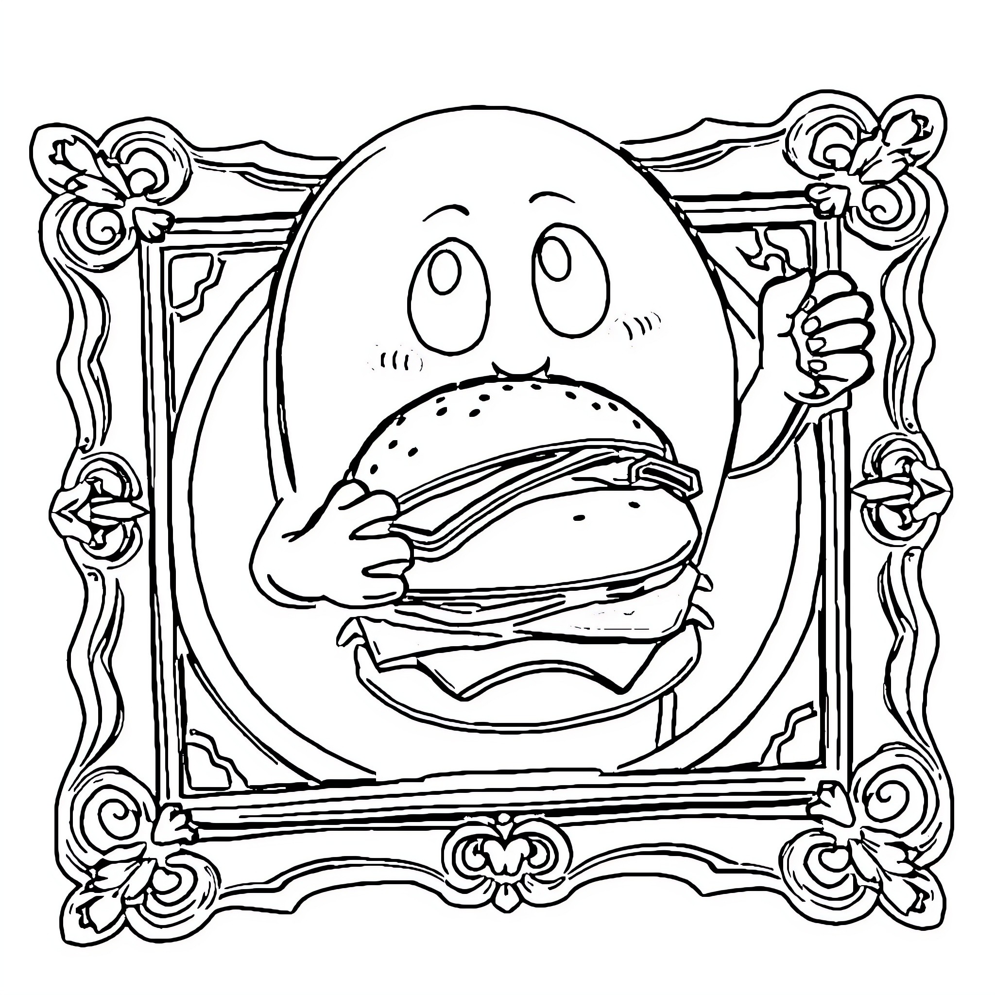 King Boo enjoying a tasty burger in an ornate frame Coloring Page (free black-and-white line drawing printable PDF for all, from beginners to advanced learners, including children, teens, adults, and seniors)