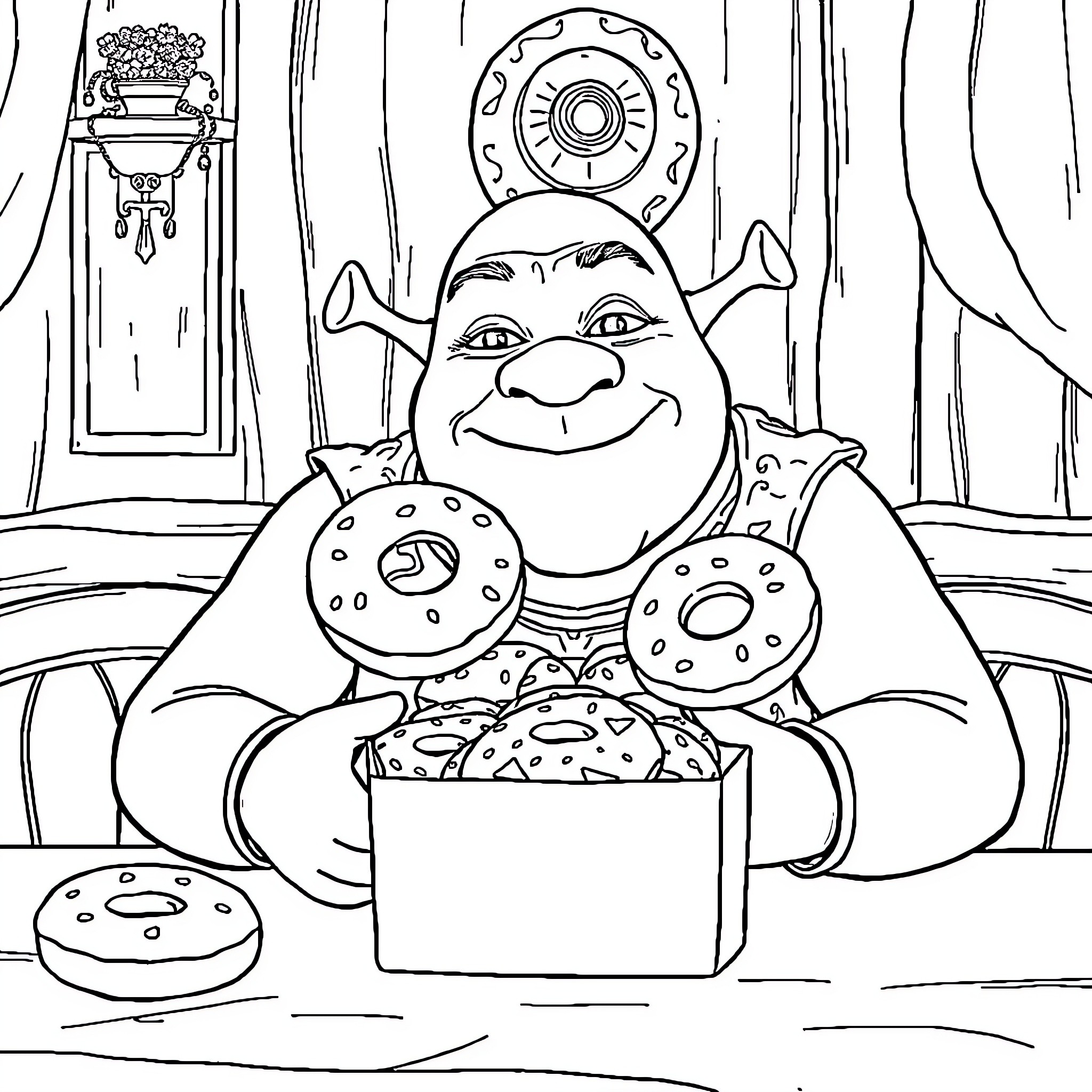 Shrek enjoying a box of donuts in his castle Coloring Page (free black-and-white line drawing printable PDF for all, from beginners to advanced learners, including children, teens, adults, and seniors)